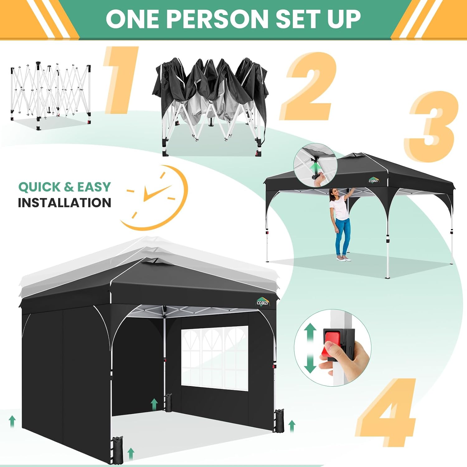COBIZI 10x10 Pop Up Canopy Tent, Outdoor Party Tent with 3 Sidewalls, 1 Person Easy Set up, Tents for Parties with Fluorescent Strip & 4 Sandbags, Waterproof UPF50+, 3 Adjustable Height, Black