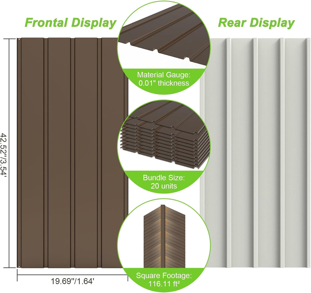 20PCS Metal Roofing Panels, Corrugated Galvanized Roof Panels, Waterproof Metal Siding Panels with 120 Pcs Steel Screws for Pergola, Gazebo, Shed, Garages, Stables and Mobile Homes -Brown