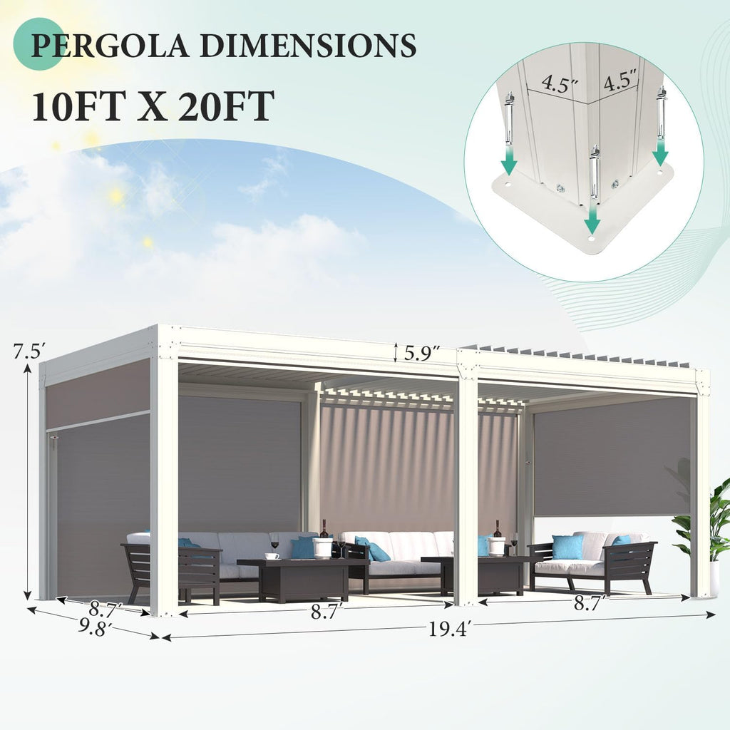 YOLENY Louvered Pergola and 6 Pull-Down Screens, 10x20FT All Aluminum Pergola with Adjustable Rainproof Roof, Outdoor Sun Shade Shelter for Patio, Weatherproof, White