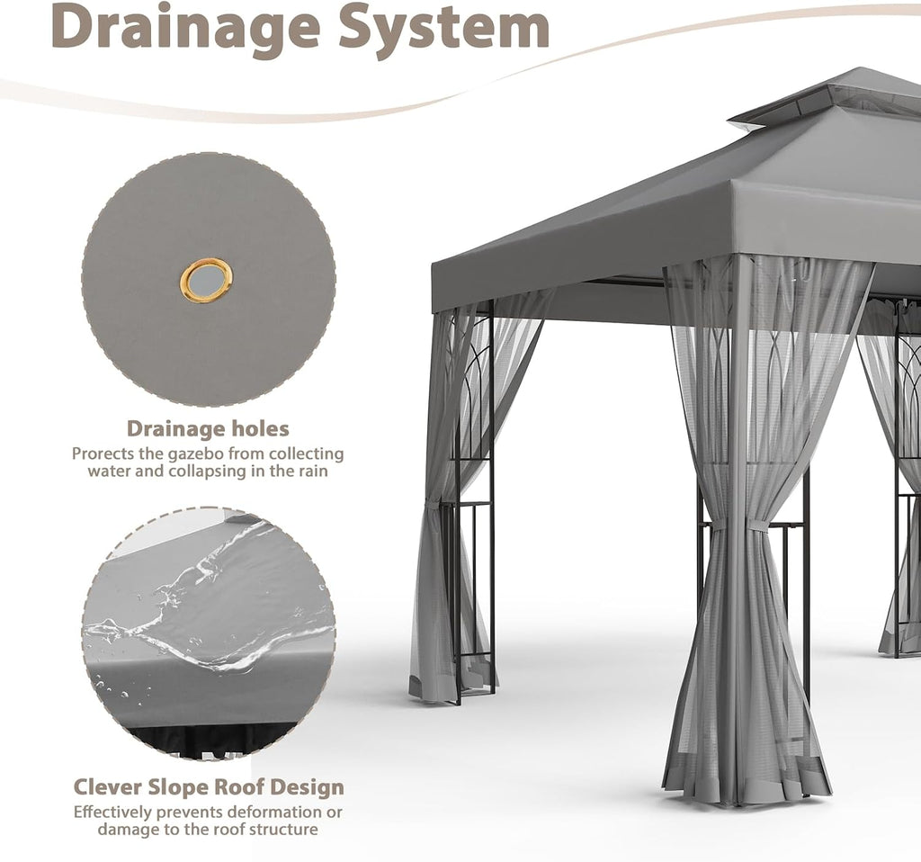 EAGLE PEAK 10x10 Patio Gazebo with Mesh Netting, Double Roof Outdoor Pavilion with Corner Shelves for Lawn, Deck, Garden and Backyard, Gray