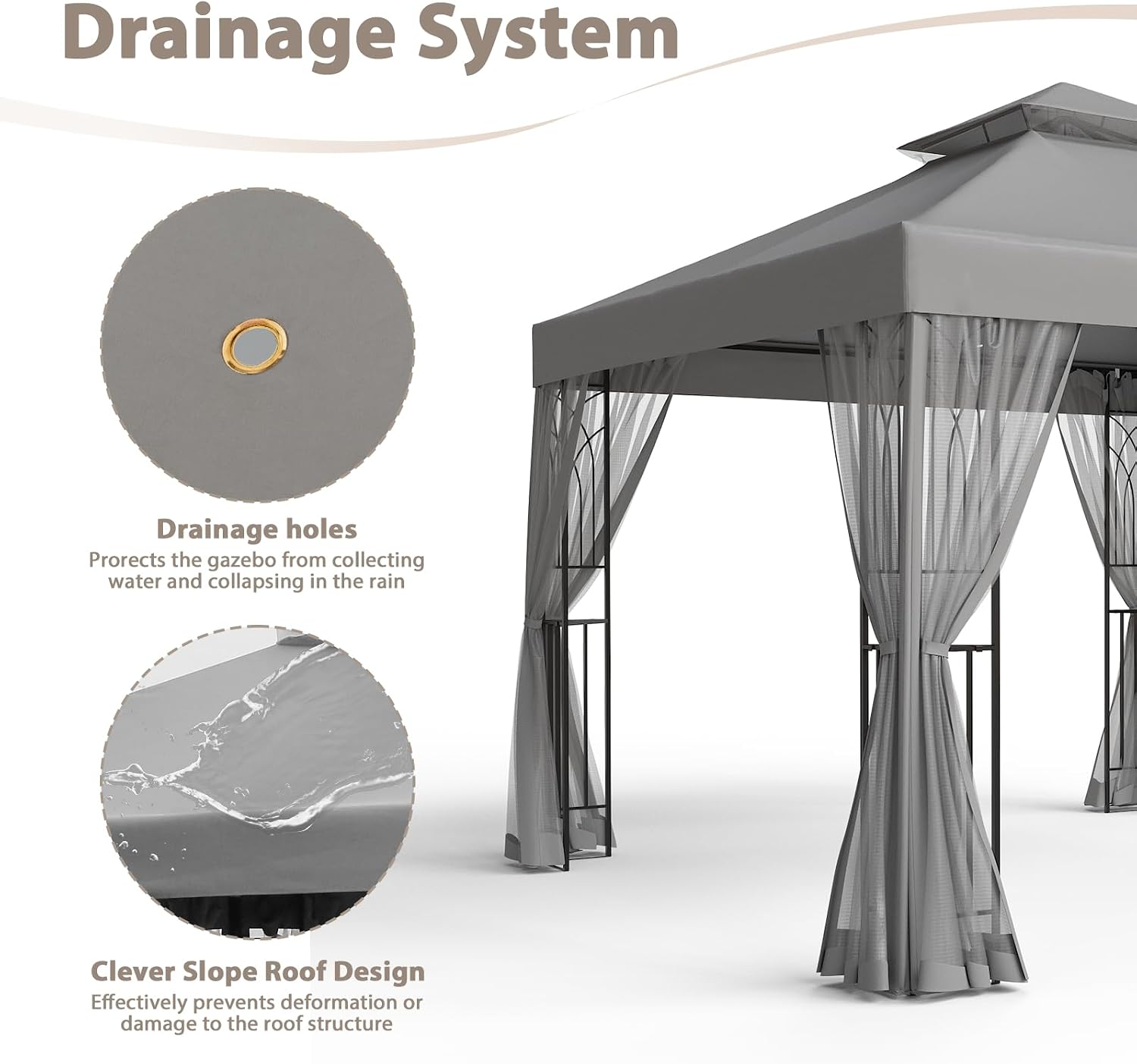 EAGLE PEAK 10x10 Patio Gazebo with Mesh Netting, Double Roof Outdoor Pavilion with Corner Shelves for Lawn, Deck, Garden and Backyard, Gray