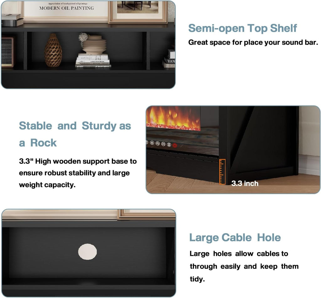 PRETZI 65' Fireplace TV Stand with 60' Glass Electric Fireplace for TVs Up to 75 inch, Modern Fireplace Entertainment Center with Open Storage Shelf, Media Console TV Cabiet for Living Room, Black