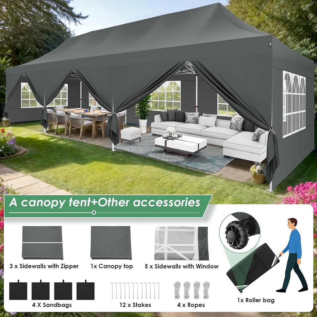 COBIZI Canopy Tent 10x30 Pop Up Canopy with 8 Removable Sidewalls Party Tents for Parties Wedding Patio Commercial Waterproof and UV50+ Ez Outdoor Instant Gazebo with Roller Bag & 4 Sandbags（Grey）