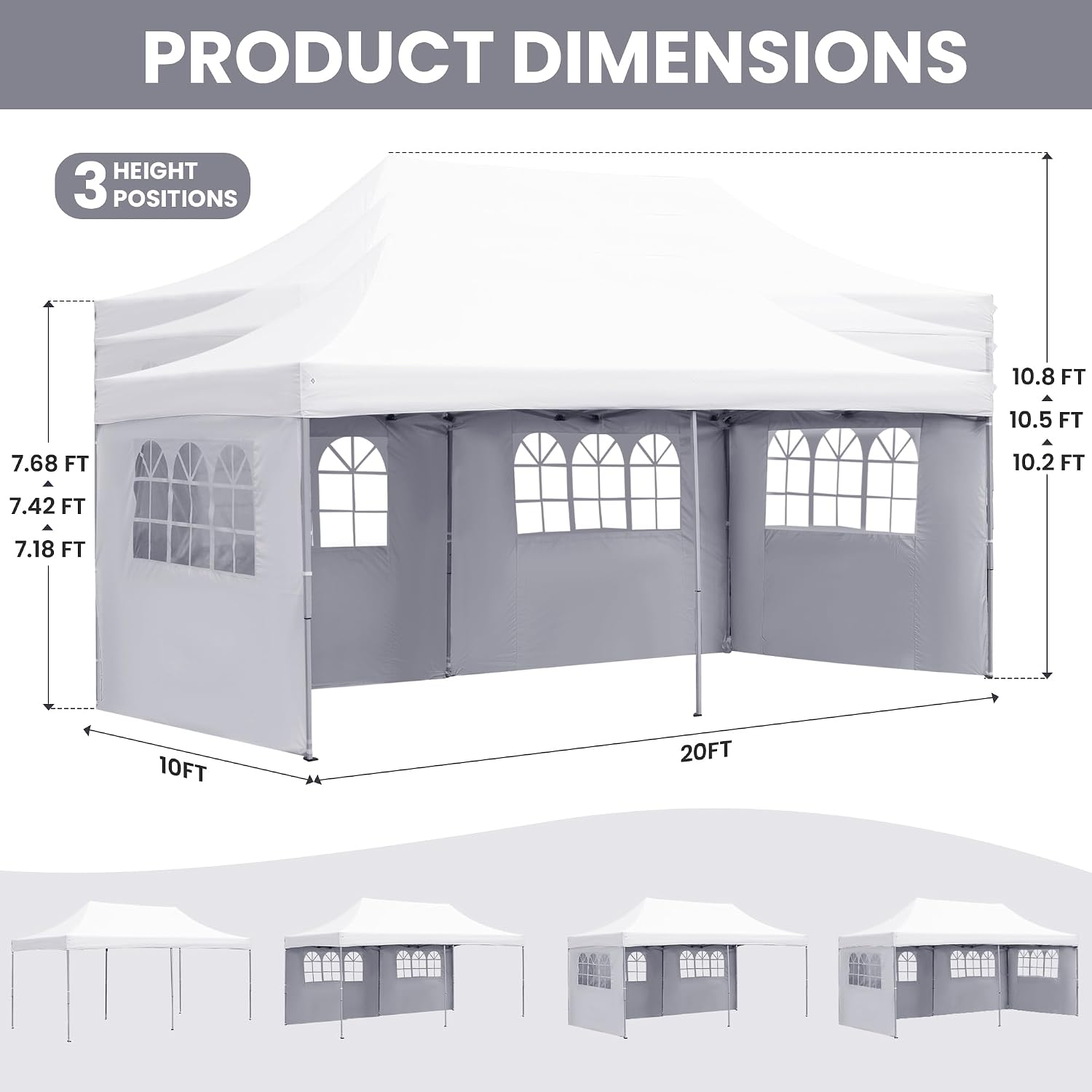 GDY 10'x20' Pop Up Canopy, Folding Party Tent with 4-Panel Removable Sidewalls, Heavy Duty Outdoor Commercial Instant Gazebo with Wheeled Bag, White.