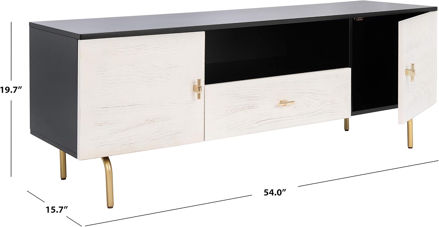 SAFAVIEH Genevieve TV Stand for up to 65' Flatscreen – Black & White Washed Finish, Mid-Century Modern Storage Cabinet, Entertainment Media Console (MED5000B)