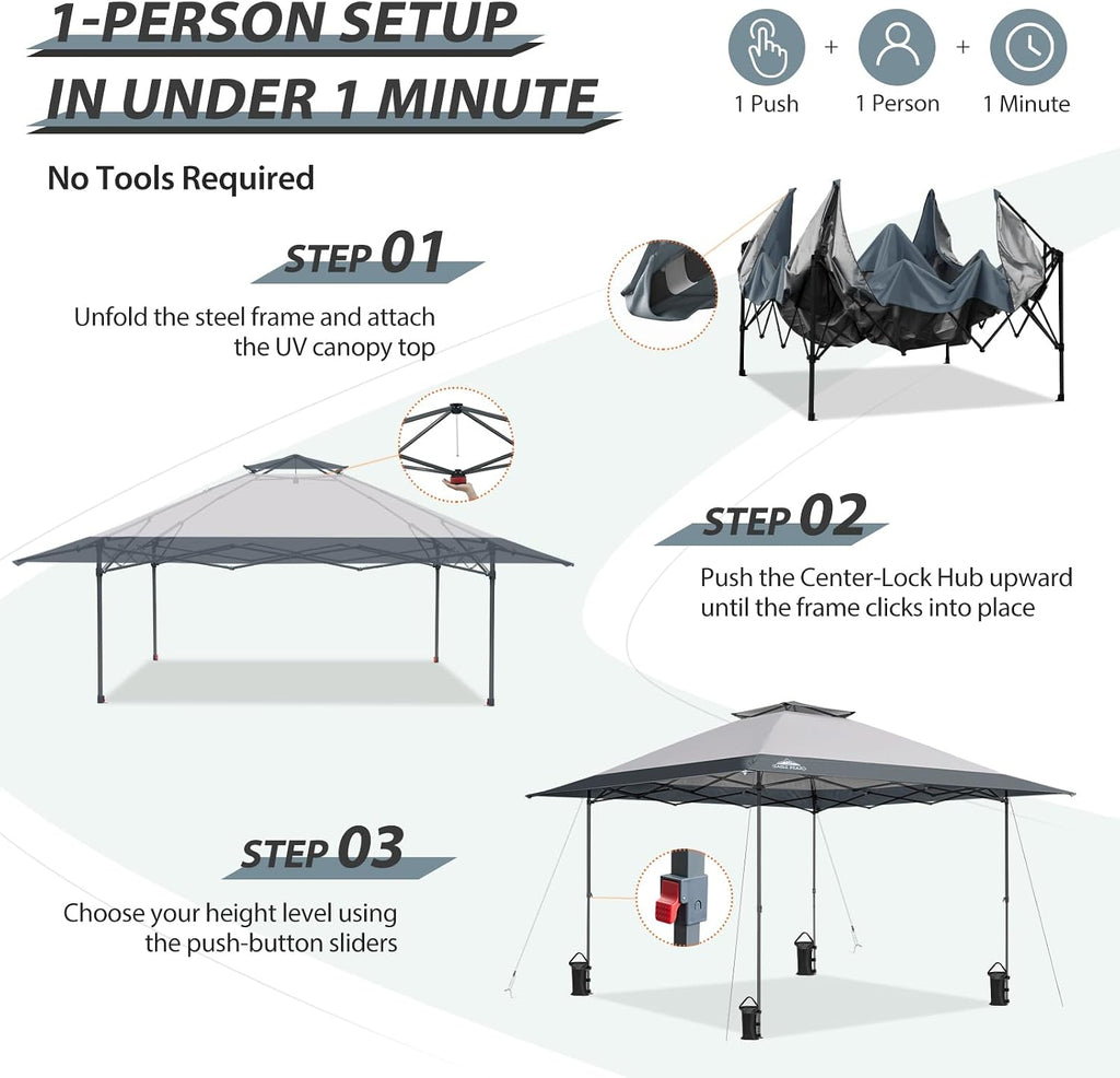 EAGLE PEAK 13x13 Straight Leg Pop Up Canopy Tent Instant Outdoor Canopy Easy Single Person Set up Folding Shelter w/Auto Extending Eaves 169 Square Feet of Shade (Light Gray)