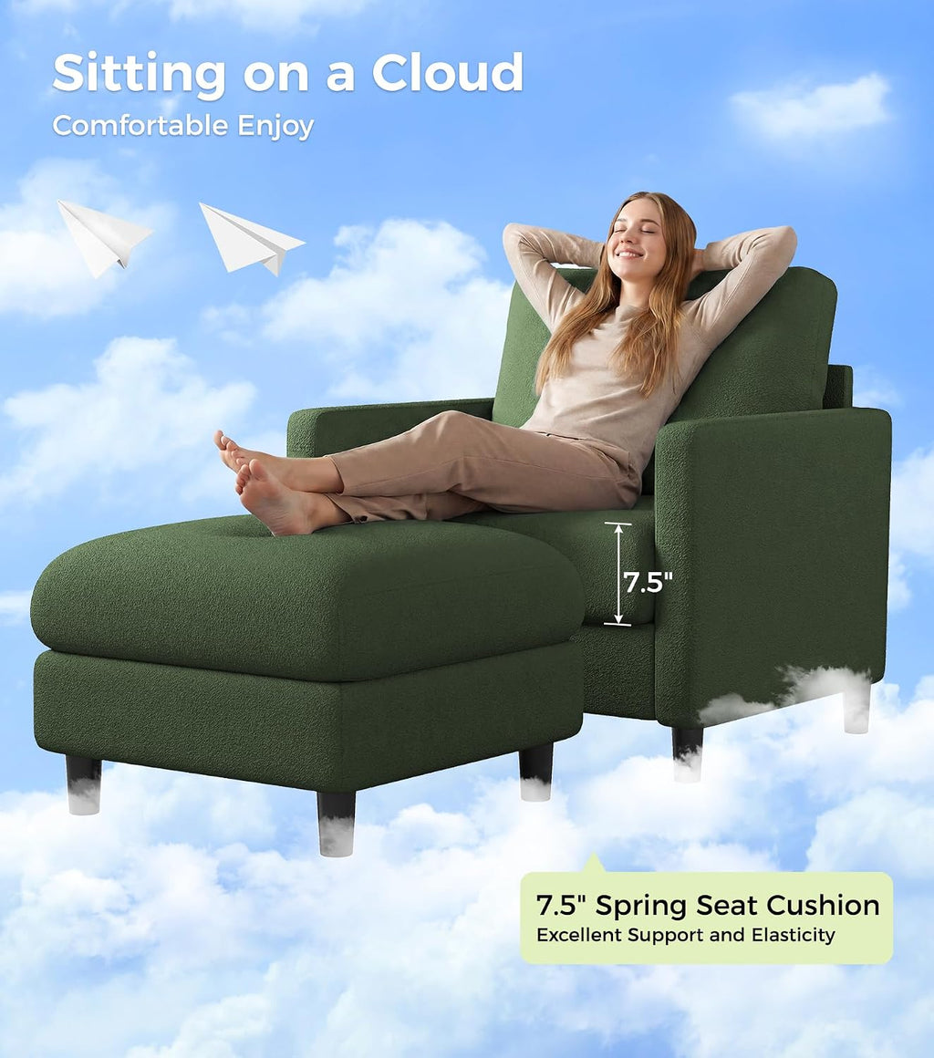Welzona Sofa Accent Chair with Ottoman, 33' Reading Chair and Ottoman Set for Bedroom, Tool-Free Setup Living Room Accent Chairs, Comfy Arm Chairs Living Room, All-Wood Reading Nook, Green
