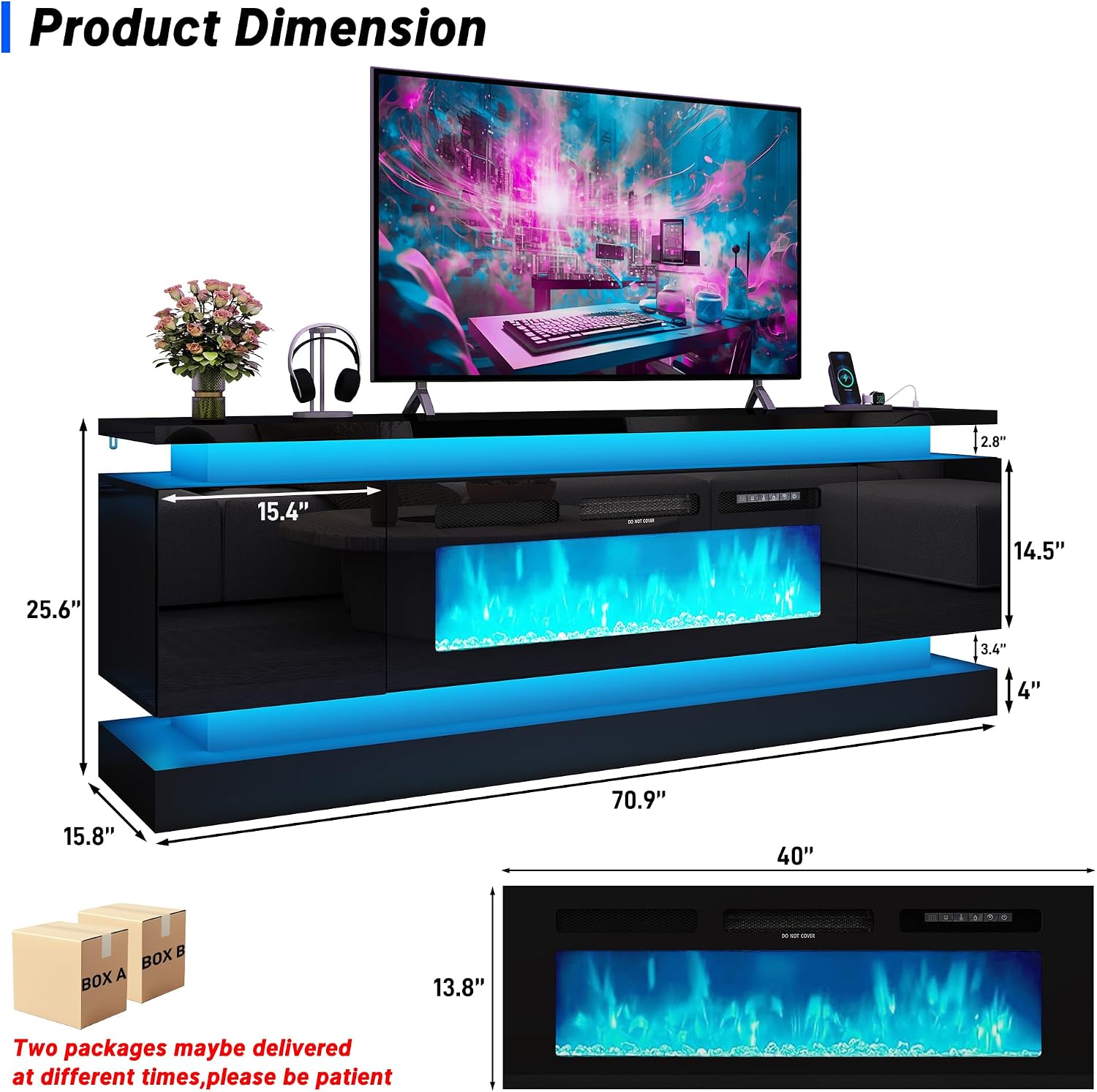 chartustriable 71IN LED TV Stands w/40 inch Fireplace Power Outlet for 85/80/75 Inch TVs,High Glossy Modern TV Media Console Gaming with 2 Storage Cabinets,Dual LED Lights,Black