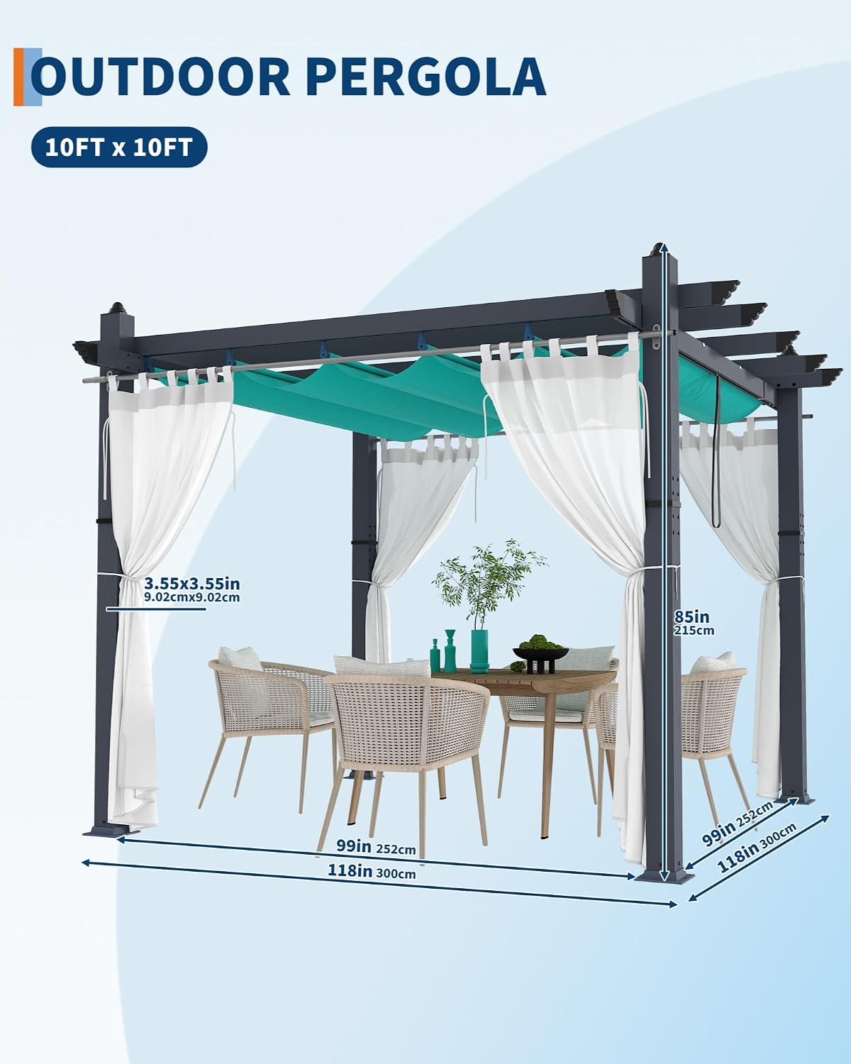 GarveeLife 10x10 ft Aluminum Pergola, Outdoor Metal Gazebo with Adjustable Canopy, Reinforced Frame Outdoor Shelter for Backyard, Patio, Garden and Deck - Blue with Netting