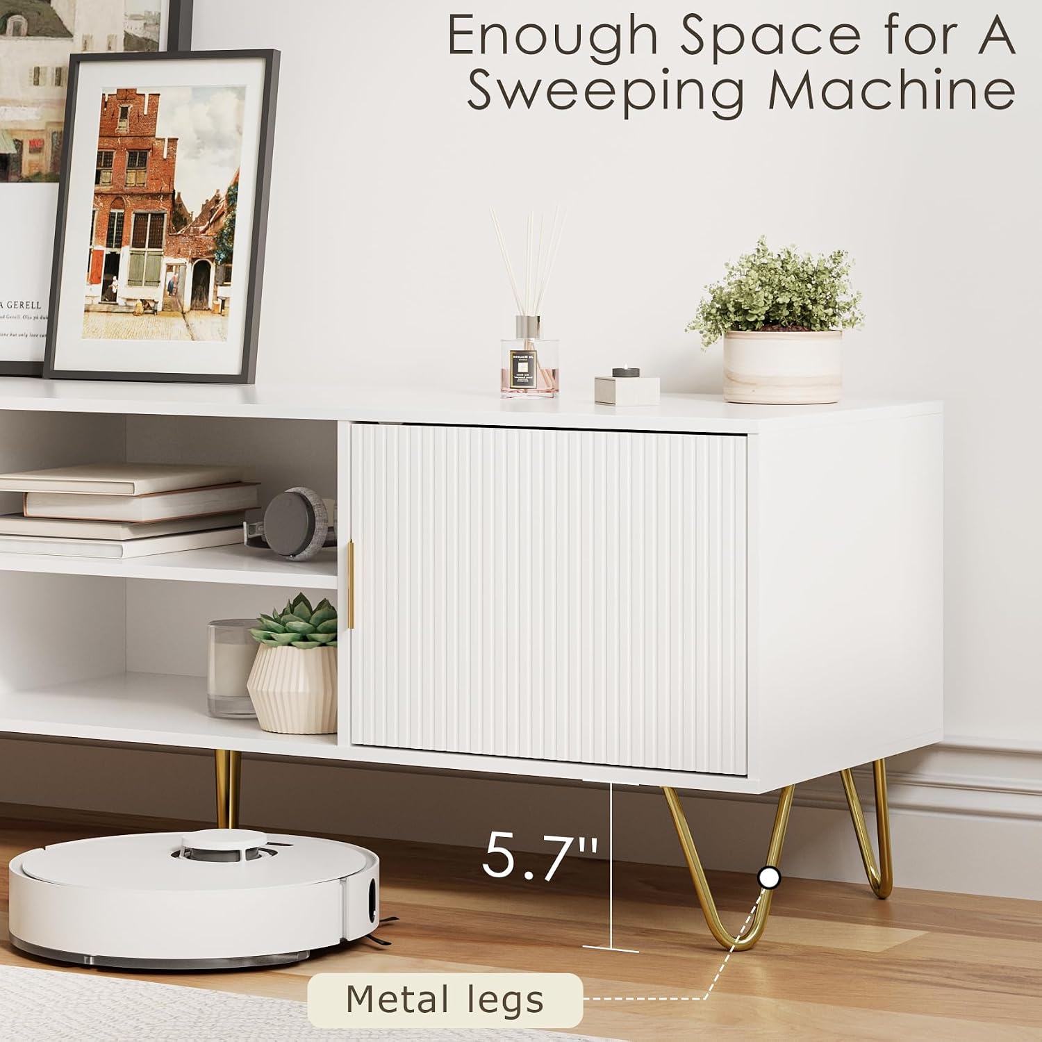 TV Stand for 55-65 Inch TV, Entertainment Center with Soft Hinge Door,TV Console Table with 2 Cabinets with Gold Handle and Feet,for Living Room, Bedroom, White