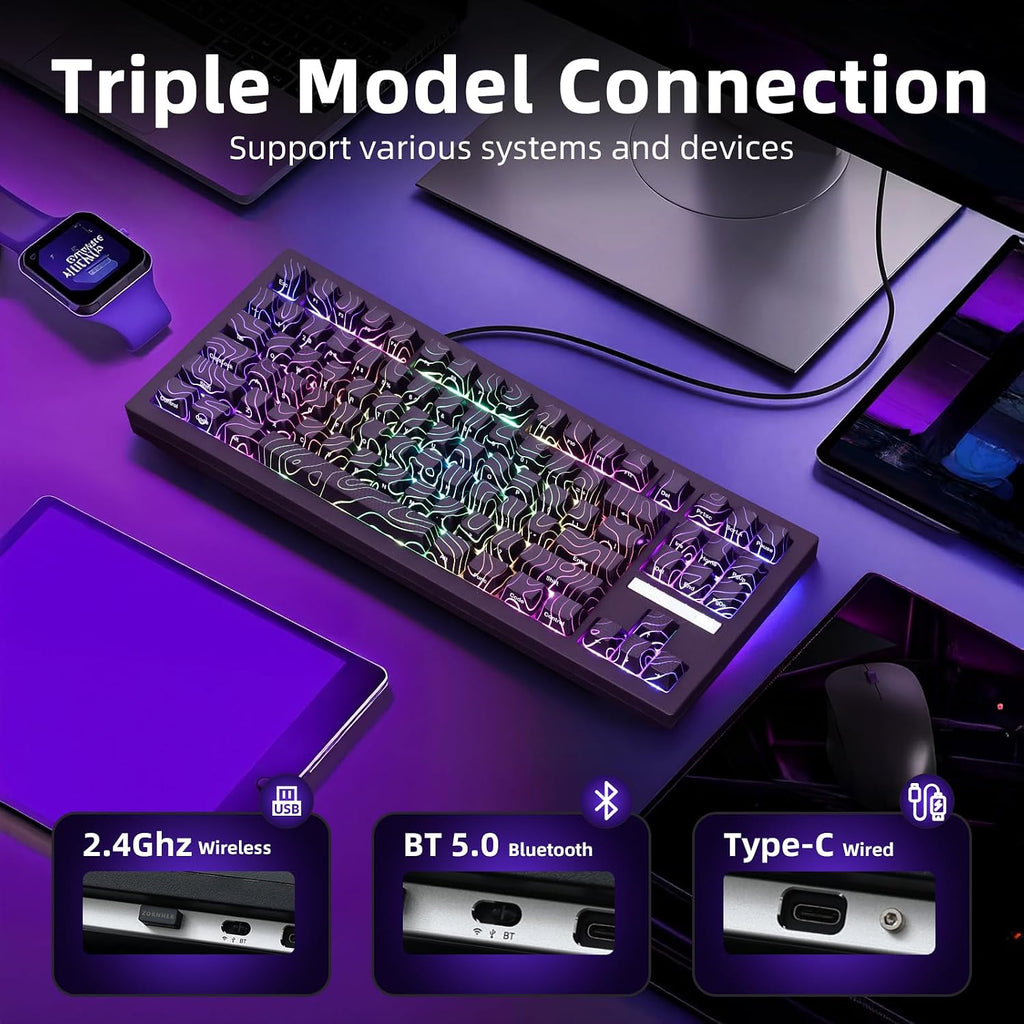 ZORNHER ZH870 Wireless Gaming Mechanical Keyboard,80% Black Custom Creamy Sound Keyboard with Lighted Up Black Topographic Keycaps,Creamy Sounding Linear Switches,Hot-Swappable,RGB Backlit