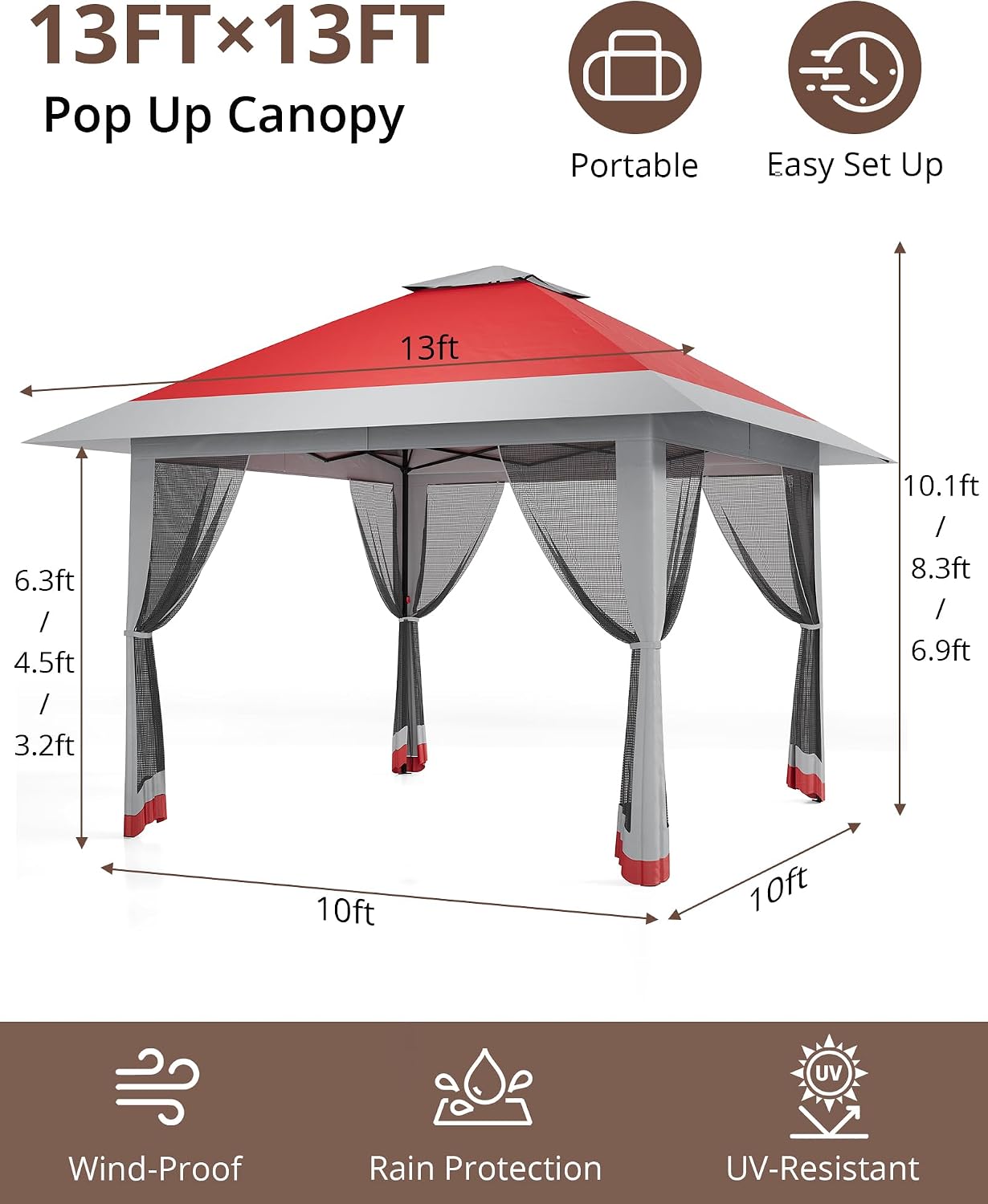 13x13 Pop Up Gazebo, Outdoor Canopy Tent with Double Roof and Mesh Netting, Gazebo Tent with Large Space and Adjustable Height for Backyard, Garden, Patio, Lawn, Red + Light Gray
