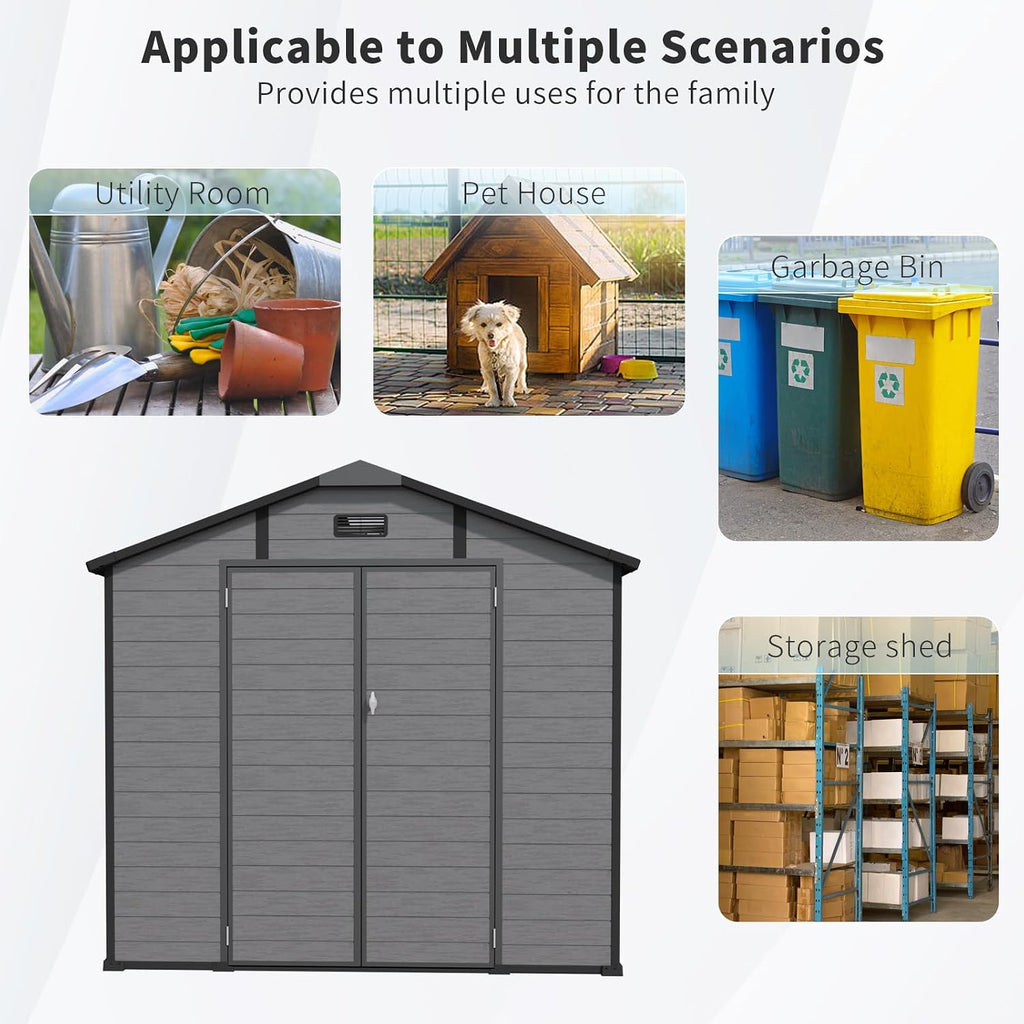 8x10 ft Outdoor Resin Storage Shed with Floor, Waterproof Plastic Garden Shed with Lockable Door, 2 Side Windows and Full-Length Ridge Skylight, All-Weather Tool Sheds for Backyard, Patio, Lawn