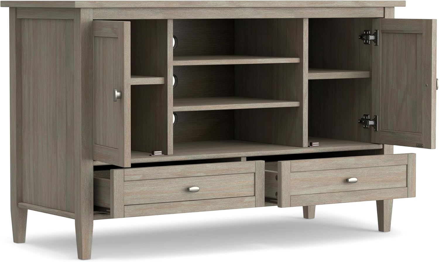 SIMPLIHOME Warm Shaker TV Stand - 47 inch Wide Solid Wood Media Console in Distressed Grey, Transitional Entertainment Center for TVs up to 50 Inches with 2 Cabinets, 2 Drawers, and Cord Management