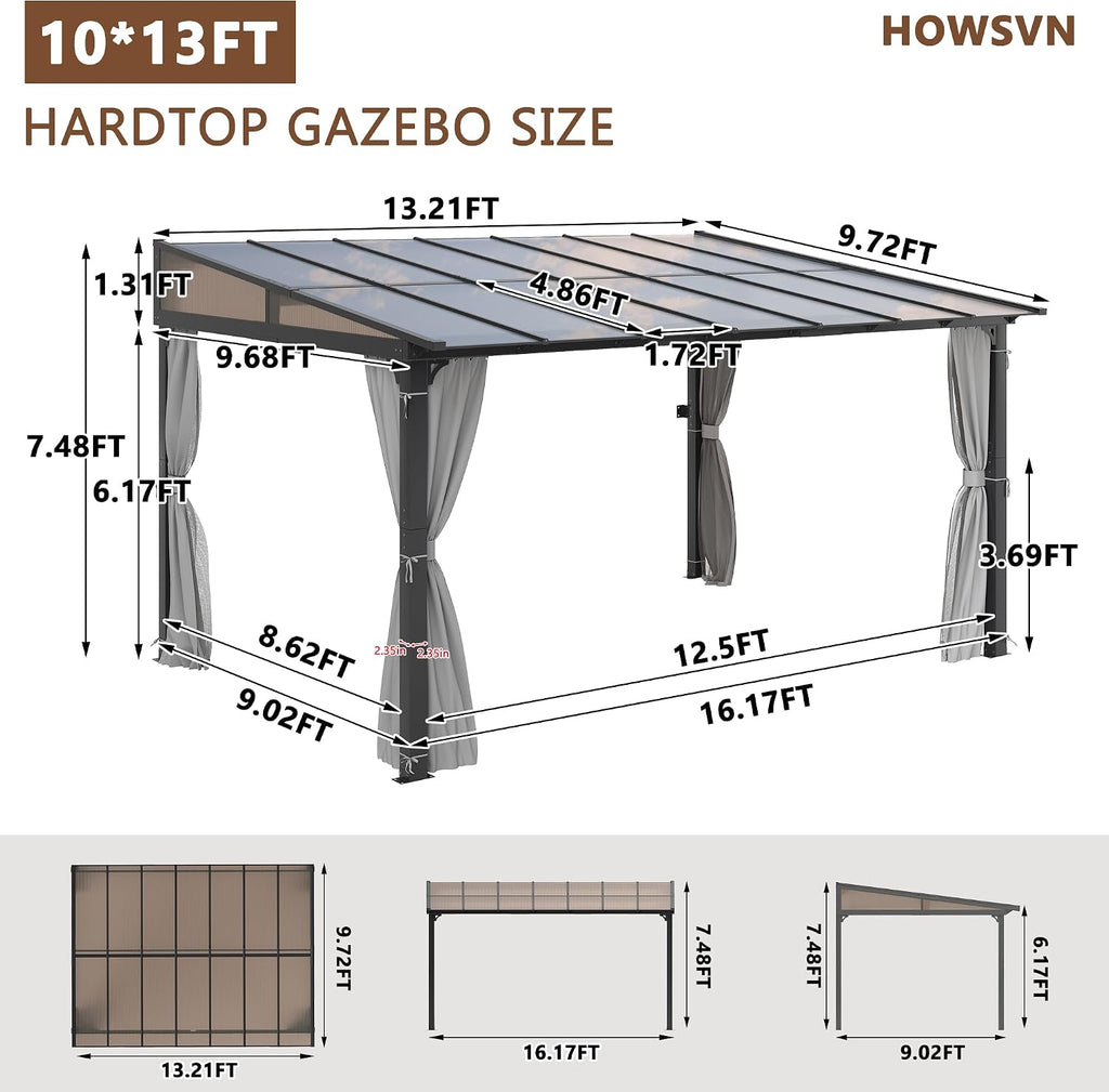 10'x13' Gazebo, Wall Mounted Gazebo Pergola with Aluminum Frame, Curtains and Netting for Patio,Decks, Garden and Lawn