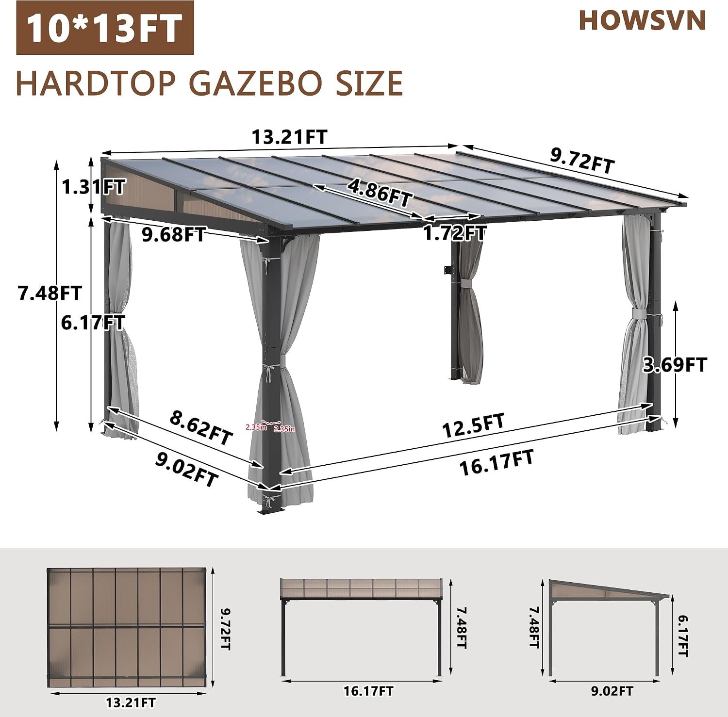 10'x13' Gazebo, Wall Mounted Gazebo Pergola with Aluminum Frame, Curtains and Netting for Patio,Decks, Garden and Lawn