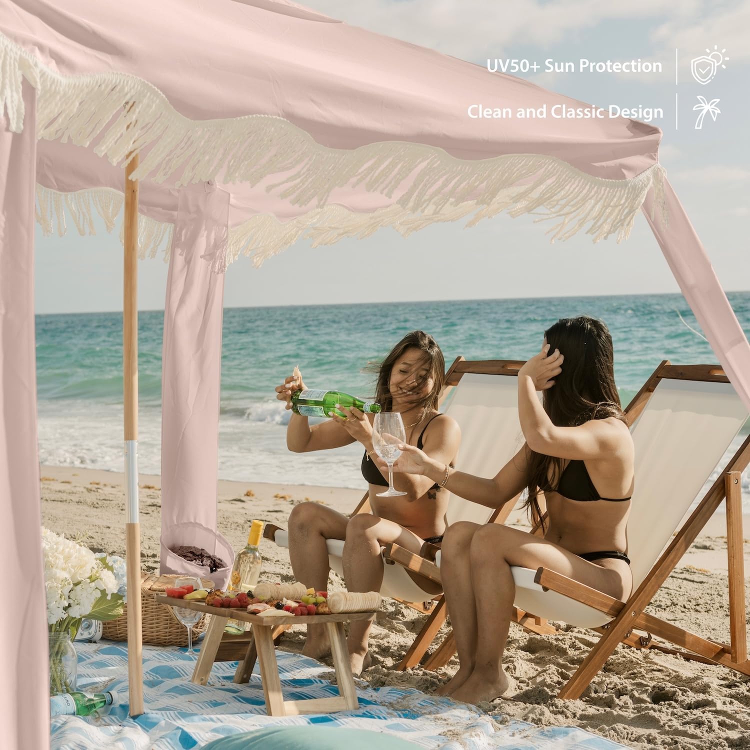 AMMSUN Beach Cabana with Fringe, 7' x 7' Boho Beach Canopy with Tassels, Easy Set up & Premium Wood Pole, Cabana Tent with Sand Pockets, Instant Sun Shade for Sand, Garden, Patio, Pink Coral