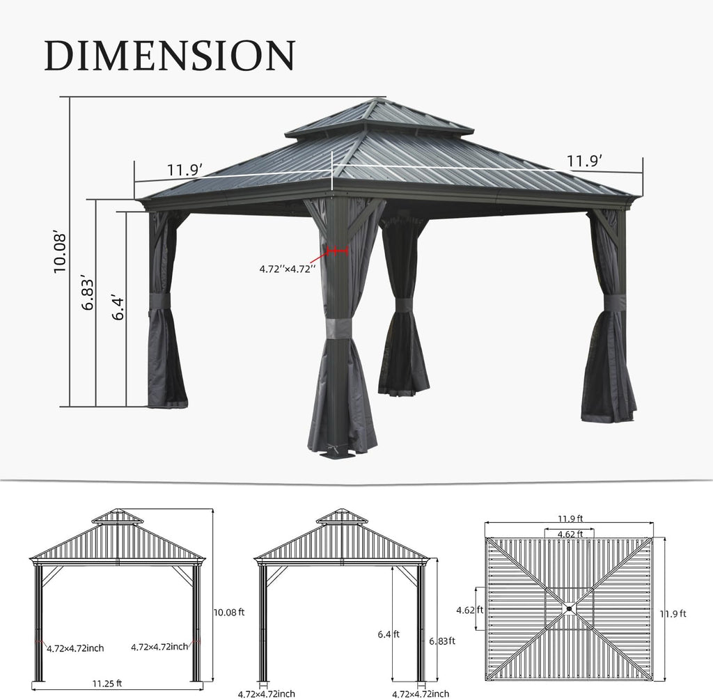 Domi 12x12 Outdoor Gazebo, Hardtop Gazebo with Aluminum Frame, Heavy Duty Pavilion Gazebo for Patio Deck Backyard, Curtain and Netting Included, Grey