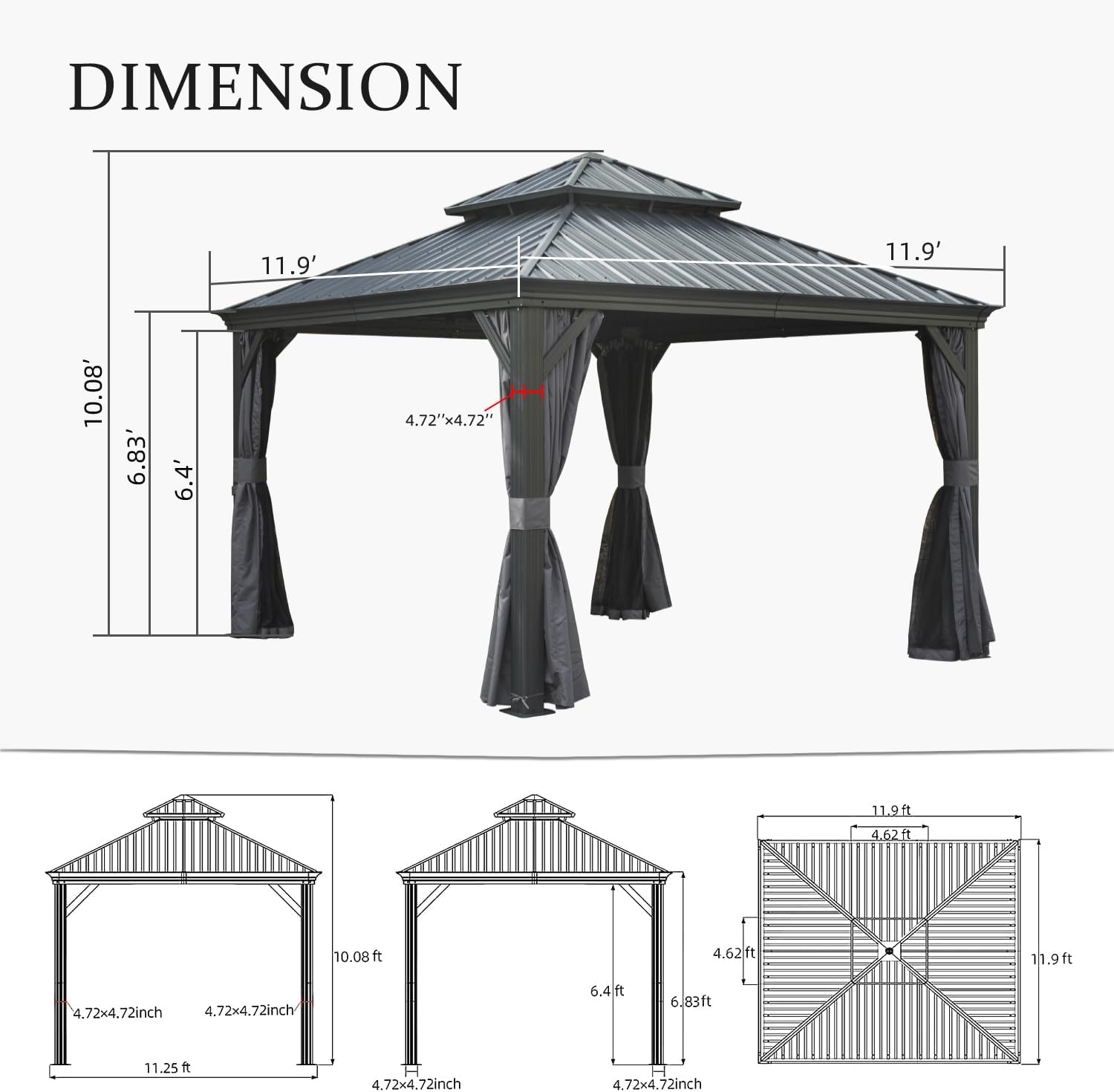 Domi 12x12 Outdoor Gazebo, Hardtop Gazebo with Aluminum Frame, Heavy Duty Pavilion Gazebo for Patio Deck Backyard, Curtain and Netting Included, Grey