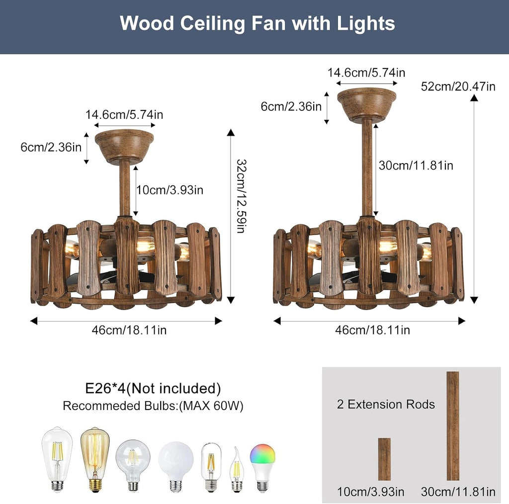 Garwarm 18in Caged Ceiling Fan with Light, Chandelier Farmhouse Ceiling Fans with Lights and Remote,Bladeless Rustic Fandelier Ceiling Fan for Kitchen, Bedroom（6 Speed, Timing）-Rustic Wood