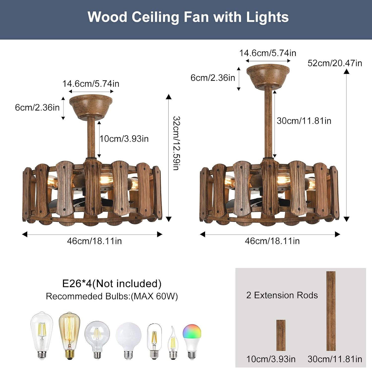 Garwarm 18in Caged Ceiling Fan with Light, Chandelier Farmhouse Ceiling Fans with Lights and Remote,Bladeless Rustic Fandelier Ceiling Fan for Kitchen, Bedroom（6 Speed, Timing）-Rustic Wood