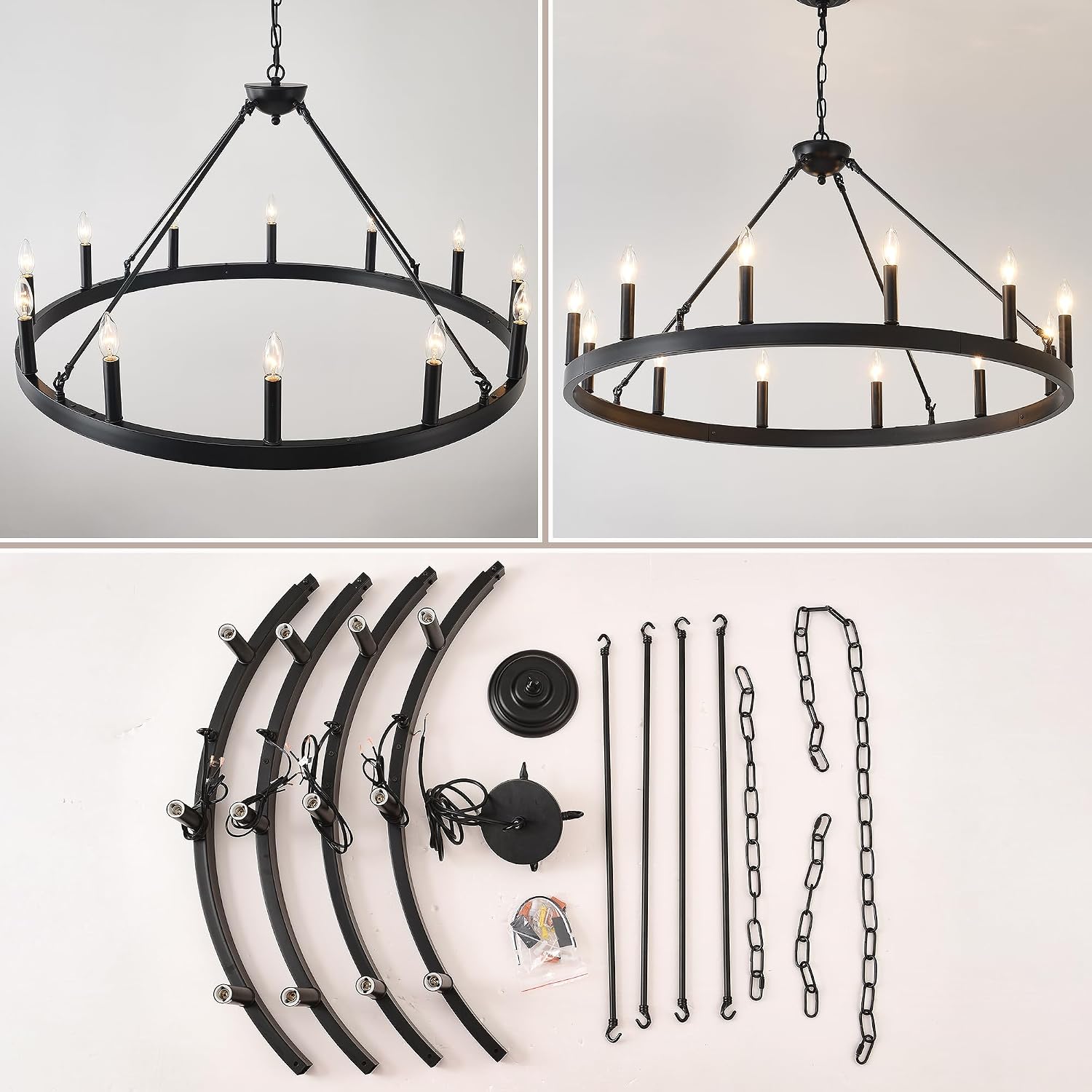 40 Inch Black Wagon Wheel Chandelier, 12-Lights Farmhouse Industrial Round High Ceiling Pendant Light Adjustable Chain for Outdoor Porch,Foyer,Dining Room, Living Room