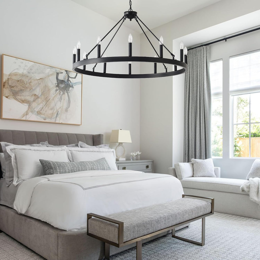 40 Inch Black Wagon Wheel Chandelier, 12-Lights Farmhouse Industrial Round High Ceiling Pendant Light Adjustable Chain for Outdoor Porch,Foyer,Dining Room, Living Room