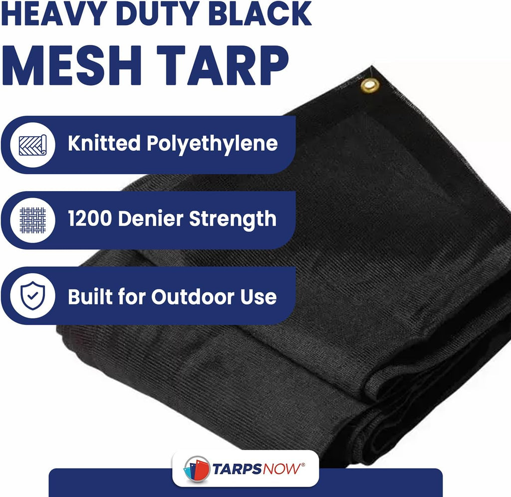 Tarps Now 10' x 30' Heavy Duty Mesh Tarp with 75% Shade and Brass Grommets - Multipurpose Protective Cover Tarpaulin with Air Flow for Tie Downs, Shade, Fences, Canopies, Dump Trucks - Black
