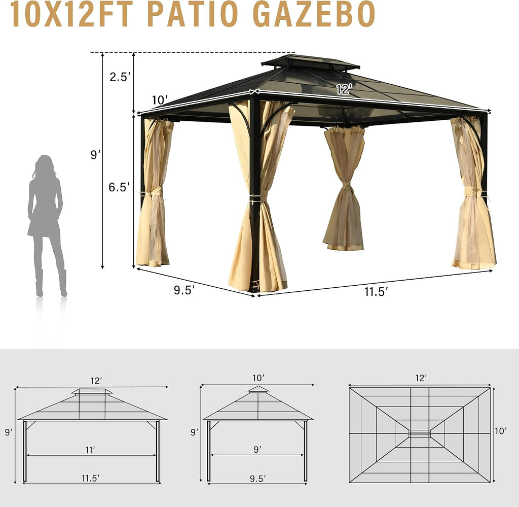 Modern 10'x12' Outdoor Hardtop Gazebo,Heavy Duty Double Roof Patio Gazebo with Aluminum Frame,Double-Layer Side Walls Mosquito Netting & Privacy Curtains,for Backyard Garden Lawn (Beige#F, 10'x12')