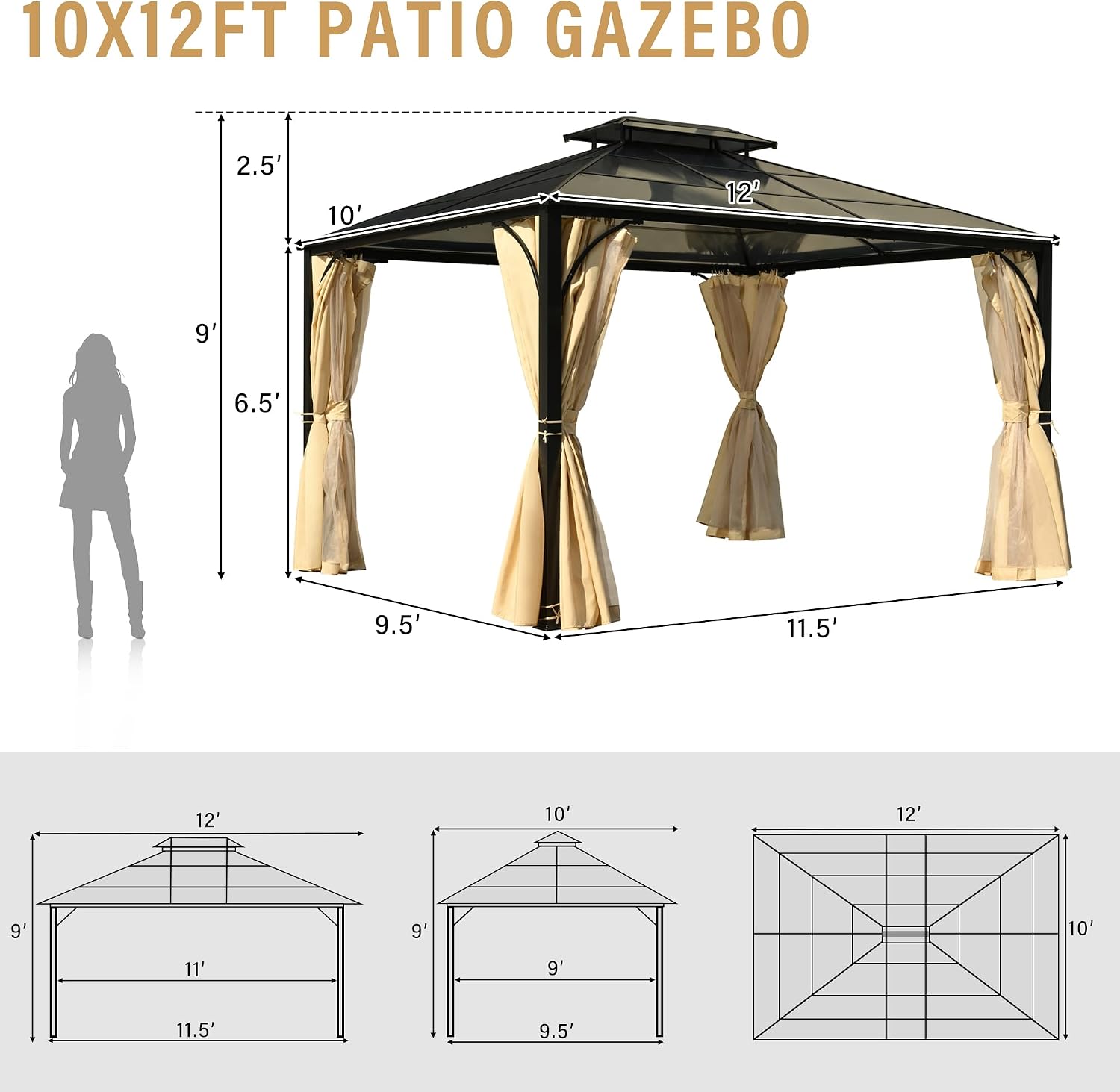 Modern 10'x12' Outdoor Hardtop Gazebo,Heavy Duty Double Roof Patio Gazebo with Aluminum Frame,Double-Layer Side Walls Mosquito Netting & Privacy Curtains,for Backyard Garden Lawn (Beige#F, 10'x12')