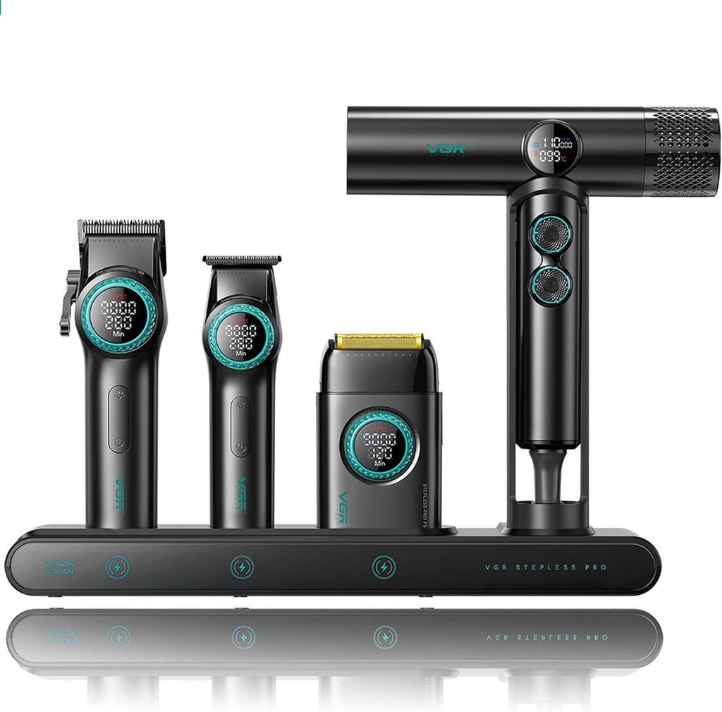 VGR Professional Barber Combo 4 in 1 – Cordless Hair Clipper, Trimmer, Foil Shaver & Powerful Hair Dryer Set for Men, 9000 RPM Motor, Long Battery Life, All-in-One Grooming Kit (Black)