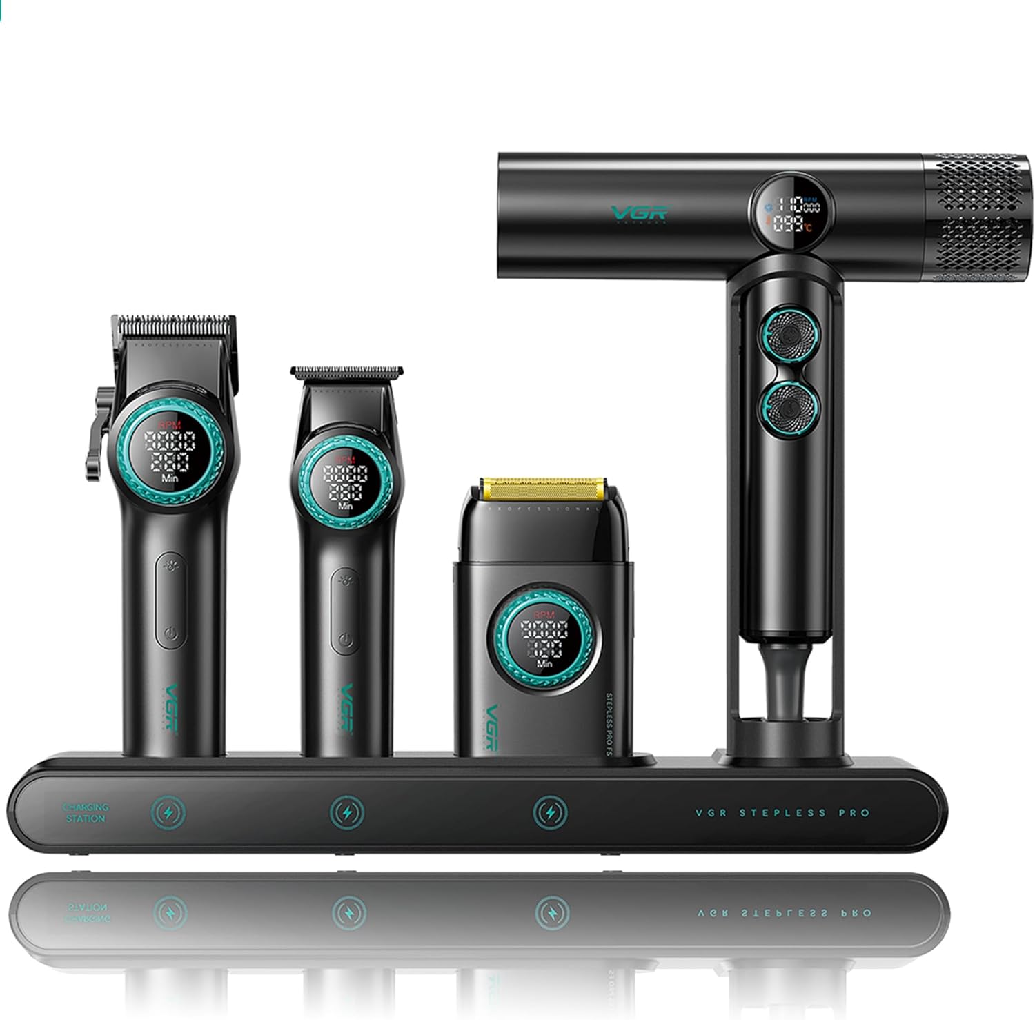VGR Professional Barber Combo 4 in 1 – Cordless Hair Clipper, Trimmer, Foil Shaver & Powerful Hair Dryer Set for Men, 9000 RPM Motor, Long Battery Life, All-in-One Grooming Kit (Black)