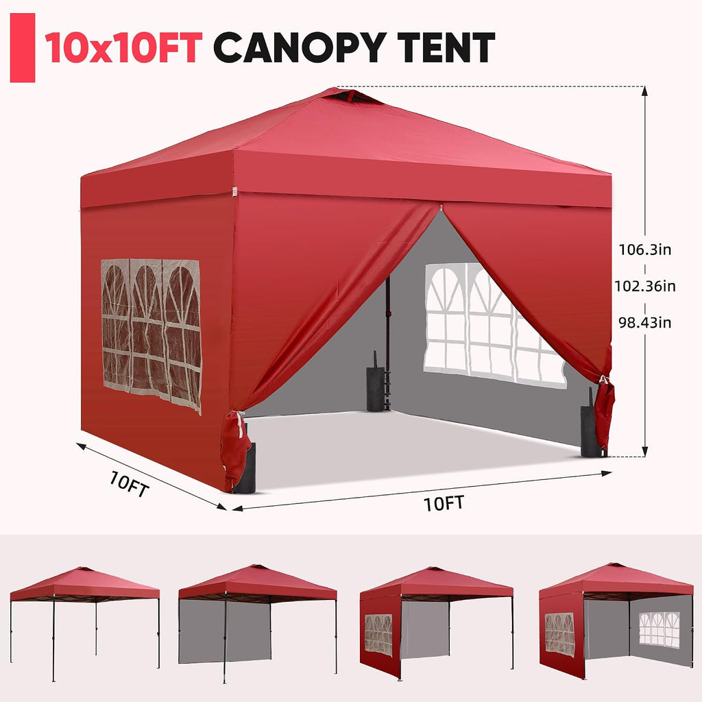 GDY 10x10 Pop Up Canopy Tent with 4 Sidewalls, Easy Set up with One Push Lift Outdoor Silver Coated Beach Gazebos, Carpas with 4 Sandbags, for Pool, Events, Parties, and Camping, Red.