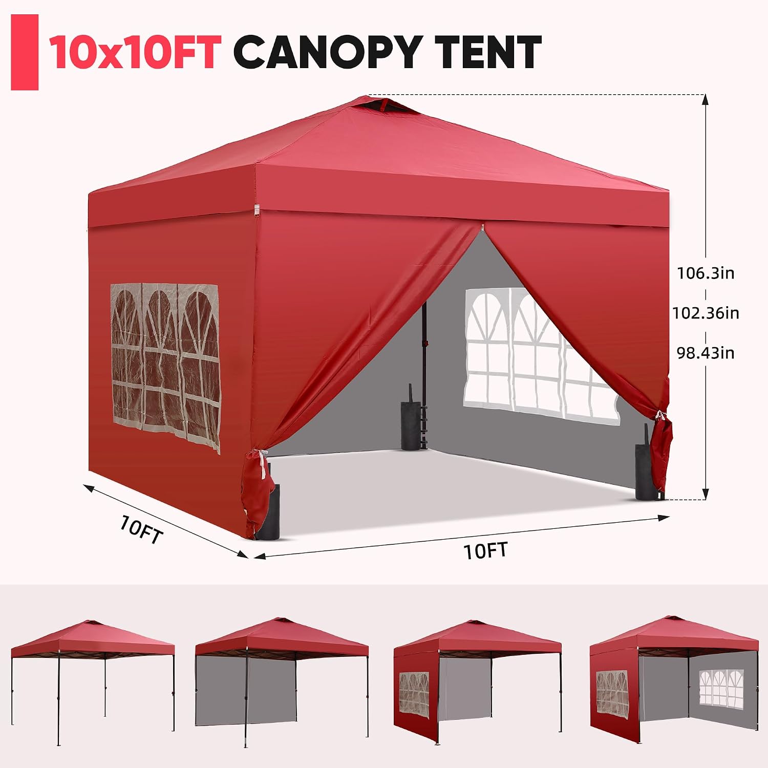 GDY 10x10 Pop Up Canopy Tent with 4 Sidewalls, Easy Set up with One Push Lift Outdoor Silver Coated Beach Gazebos, Carpas with 4 Sandbags, for Pool, Events, Parties, and Camping, Red.