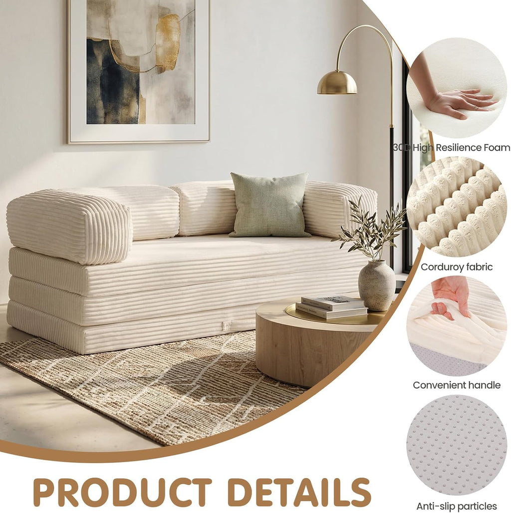 JUIKURY Folding Sofa Bed, Convertible Sleeper Chair with Pilow Foldable Matress, 2 in 1 Pull Out Loveseat Sofa Portable Fold Out Chair Bed Floor Couch Lounge for Living Room (Beige, Queen-82'L x 60'W)