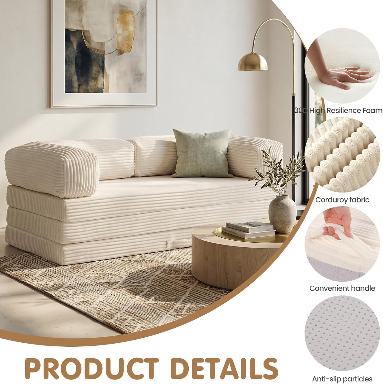 JUIKURY Folding Sofa Bed, Convertible Sleeper Chair with Pilow Foldable Matress, 2 in 1 Pull Out Loveseat Sofa Portable Fold Out Chair Bed Floor Couch Lounge for Living Room (Beige, Queen-82'L x 60'W)