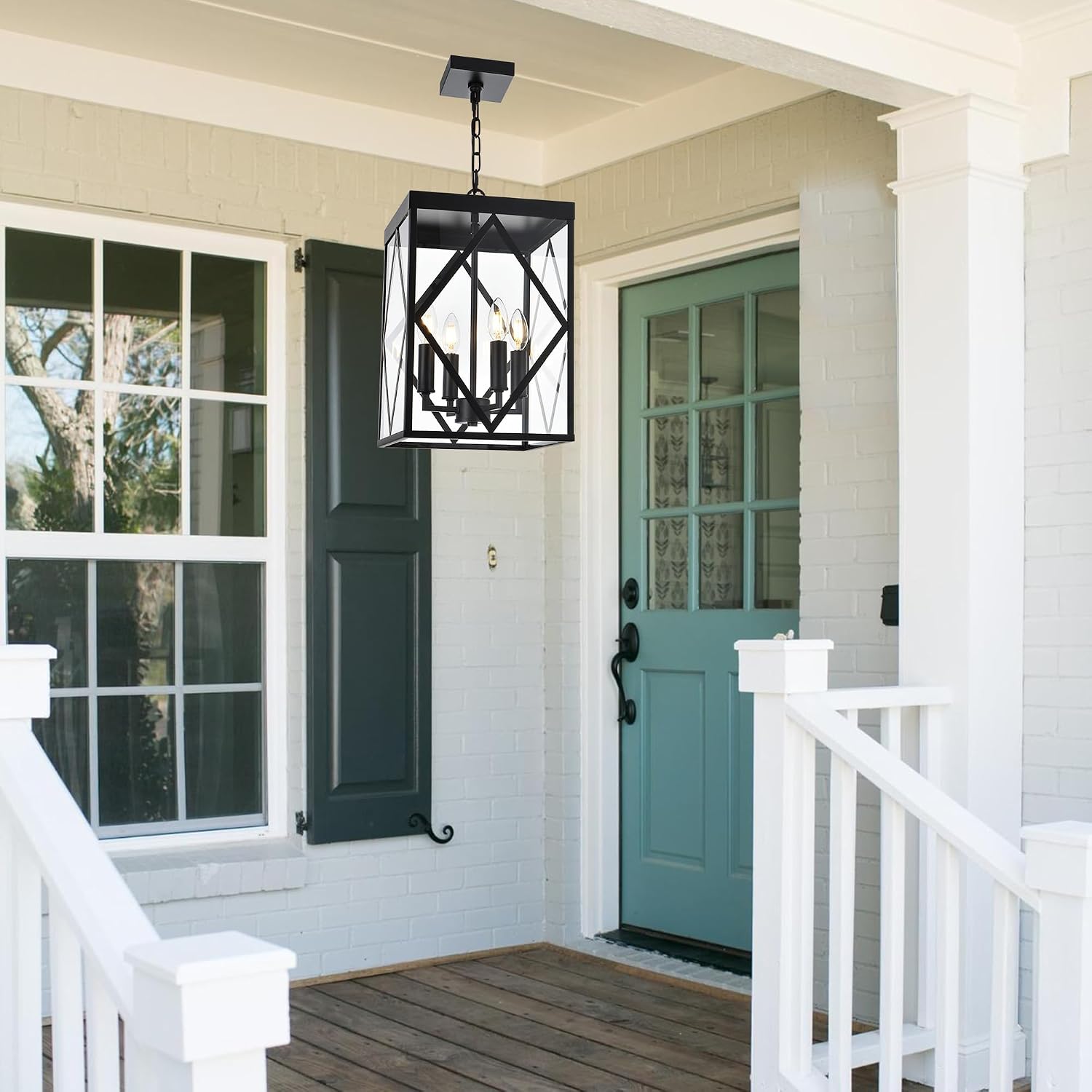Outdoor Pendant Light 4 Lights Modern Outside Chandelier Outdoor Hanging Lantern Light with Clear Glass, Matte Black Exterior Pendant Lighting Fixture for Porch, Yard, Gazebo