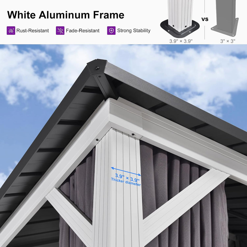 PURPLE LEAF 8' X 14' Outdoor Gazebo Galvanized Steel Double Roof White Aluminum Frame Hardtop Heavy Duty Gazebo with Curtain and Netting for Patio Garden and Backyard, Grey