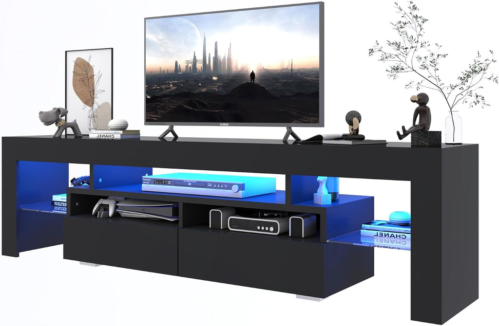 Squireewo TV Stand with 16 Color LED Lights, Media Console with Drawer and Glass Open Shelf for 65/75/85 inch TV, Modern Gloss Entertainment Center for Living Room Bedroom, Black