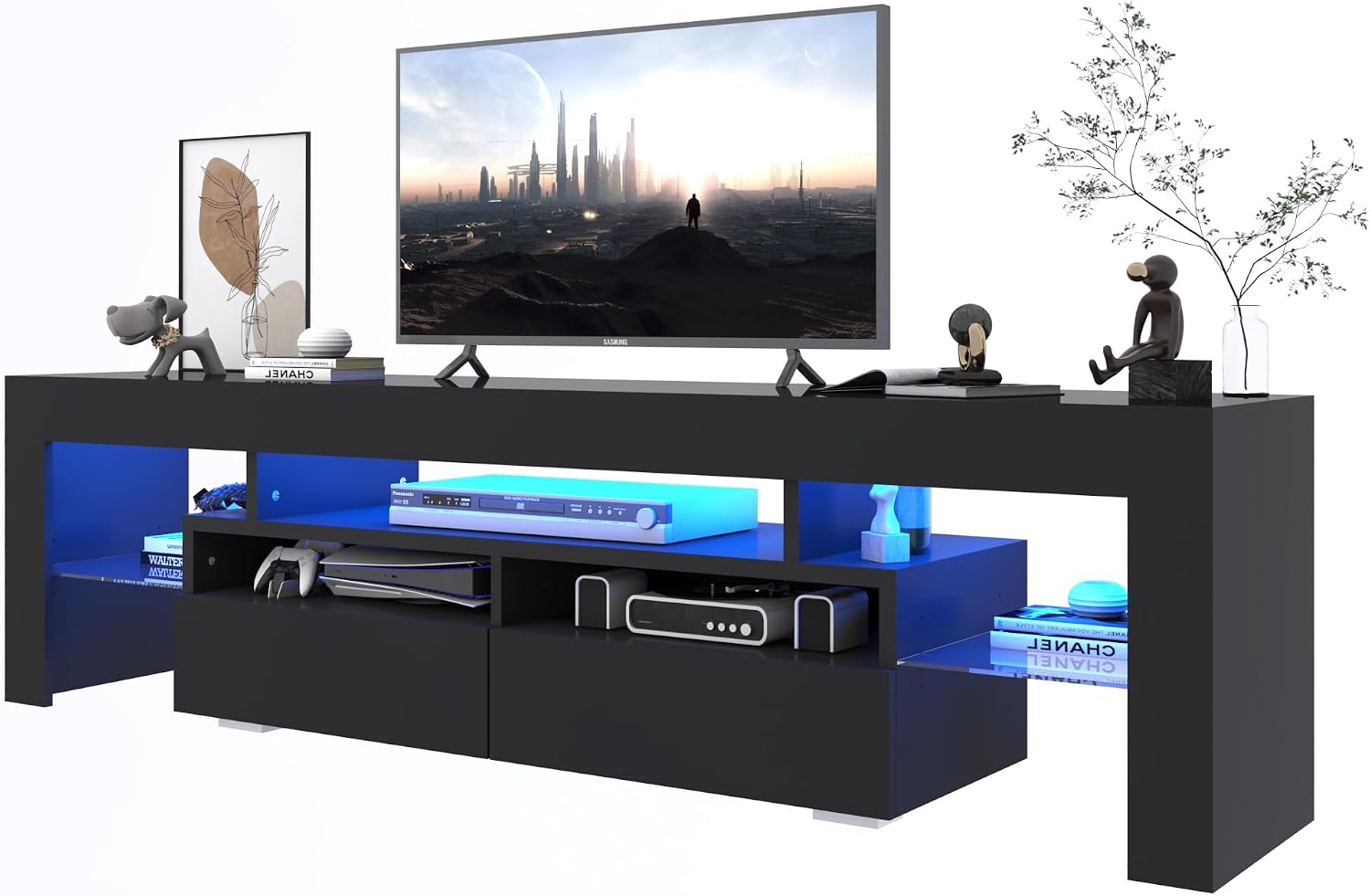 Squireewo TV Stand with 16 Color LED Lights, Media Console with Drawer and Glass Open Shelf for 65/75/85 inch TV, Modern Gloss Entertainment Center for Living Room Bedroom, Black