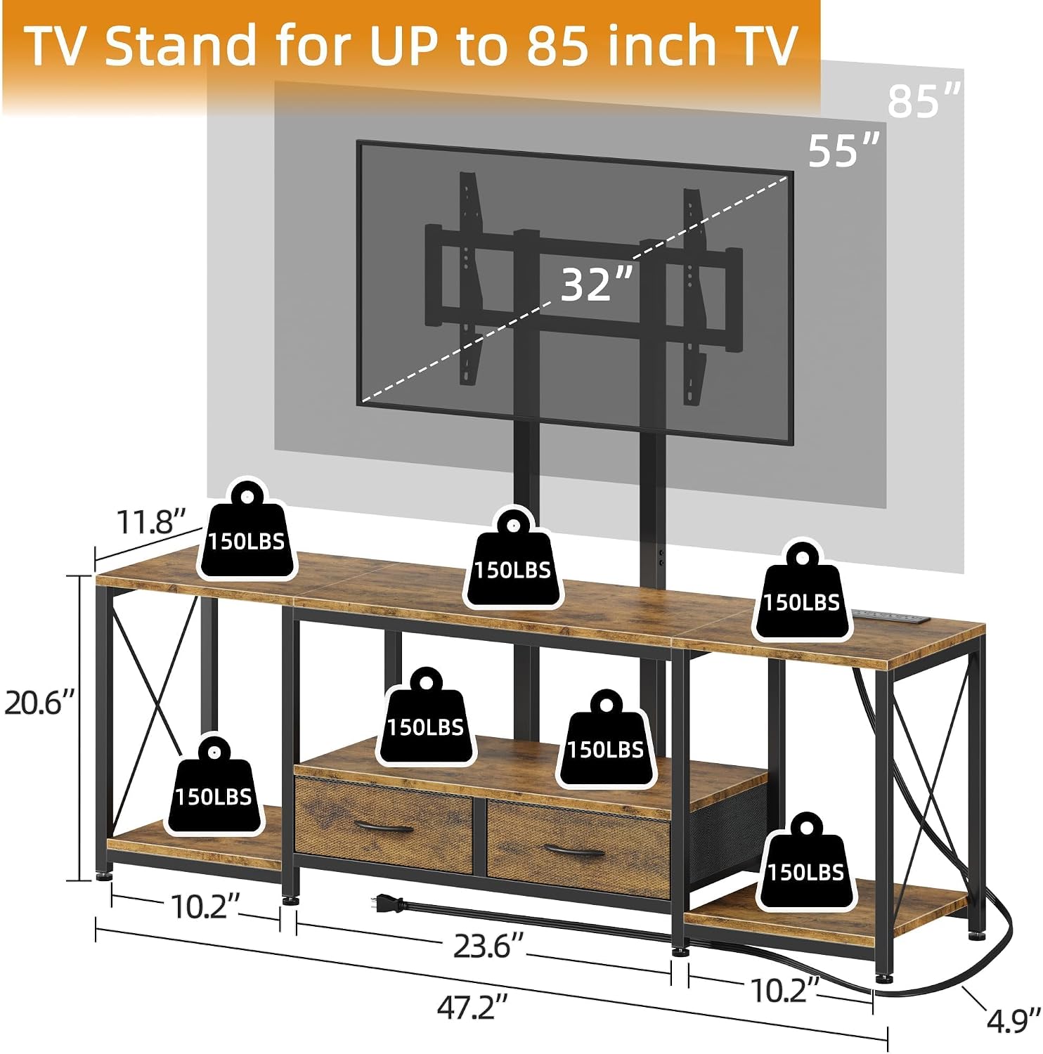 GYIIYUO LED TV Stand with Mount and Power Outlet & Fabric Drawers for 32-85 Inches TV - Entertainment Center and Corner Tv Stand for Living Room, Bedroom- 47' Rustic Brown (Max VESA 600mm × 400mm | with Mount, Power Outlet, Fabric Drawers, 32-85 Inches TV