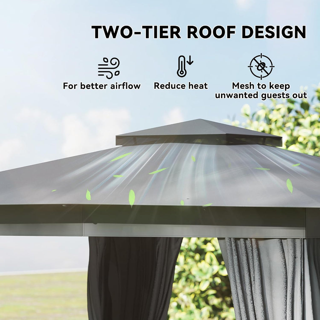 Outsunny 10' x 12' Outdoor Patio Gazebo, Heavy Duty Gazebo Canopy Shelter with Double Roof, Curtains, Netting, Steel Frame, UPF30+ Protection, Ceiling Hooks for Lawn, Backyard, Deck, Dark Gray