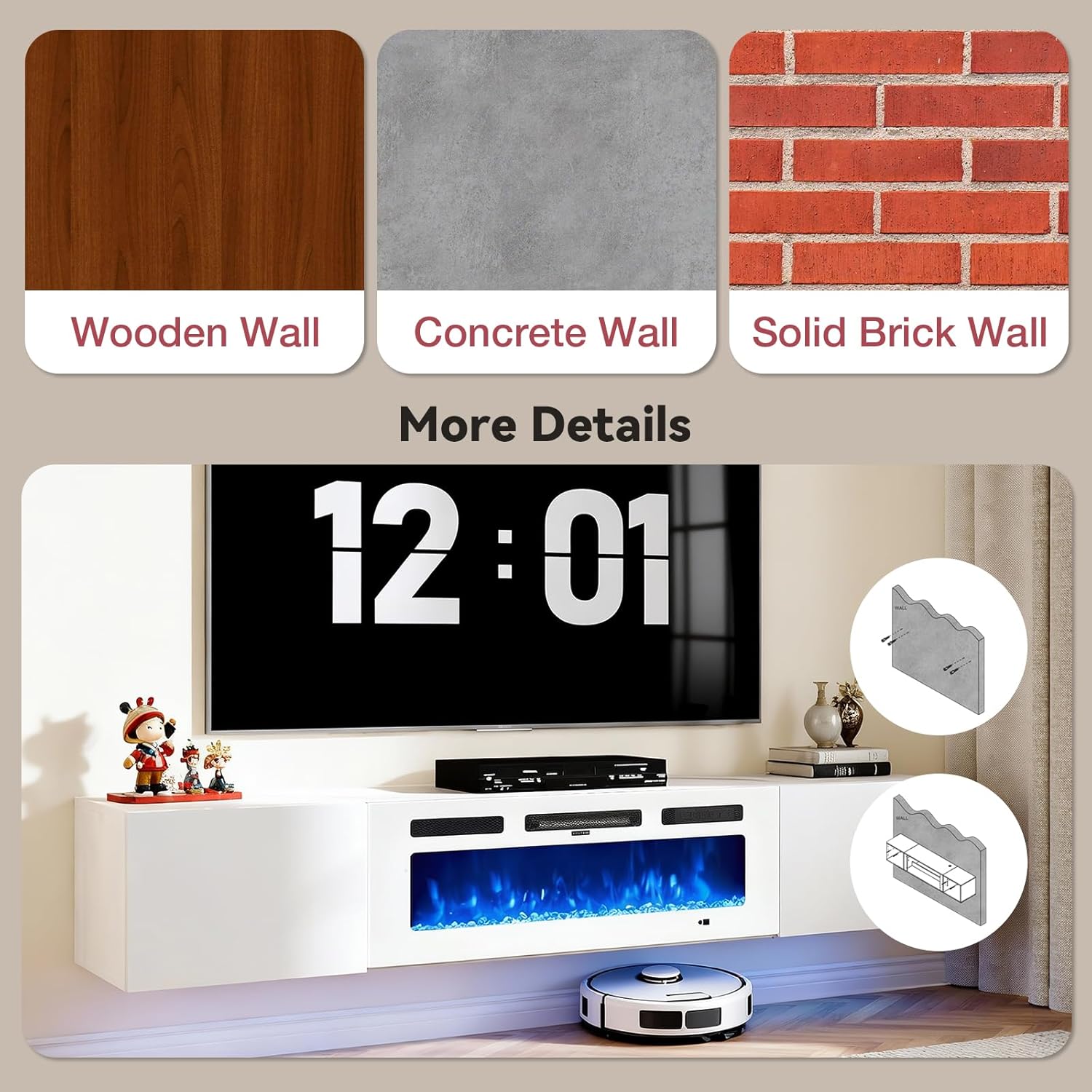 70'' Floating TV Stand with 36' Electric Fireplace, Wall Mounted Entertainment Center with Storage for TVs up to 80', Adjustable 12-Color LED Lights Media TV Console for Living Room,All White