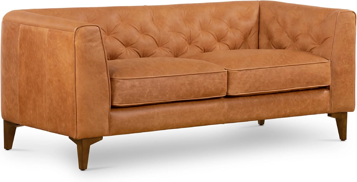 Poly & BARK Essex 74' Leather Apartment Sofa – Mid-Century Tufted Design, Full-Grain Italian Leather, Feather-Down Cushions, Cognac Tan