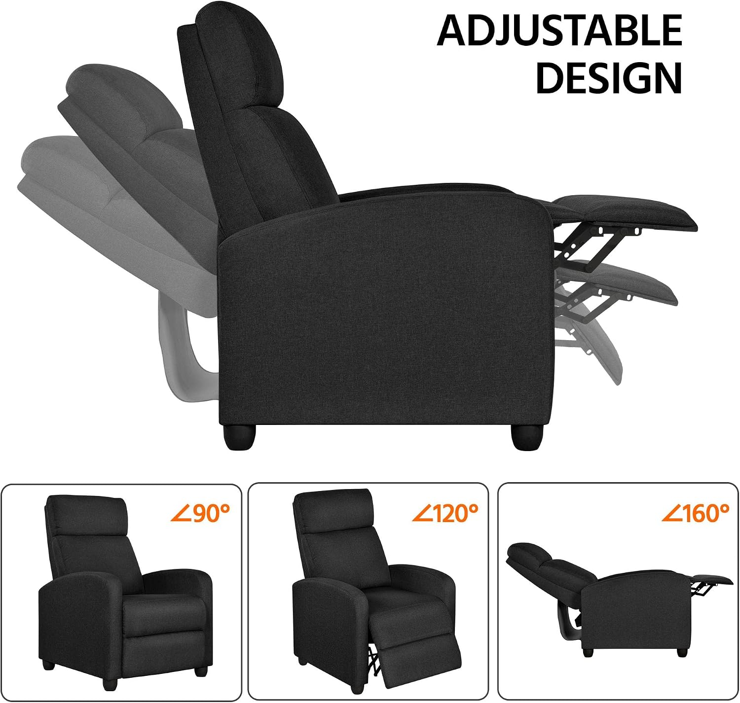 Yaheetech 2-Seat Fabric Pushback Recliner Chair with Thick Seat Cushion and Backrest Reclining Chair for Living Room Home Theater Matte Black