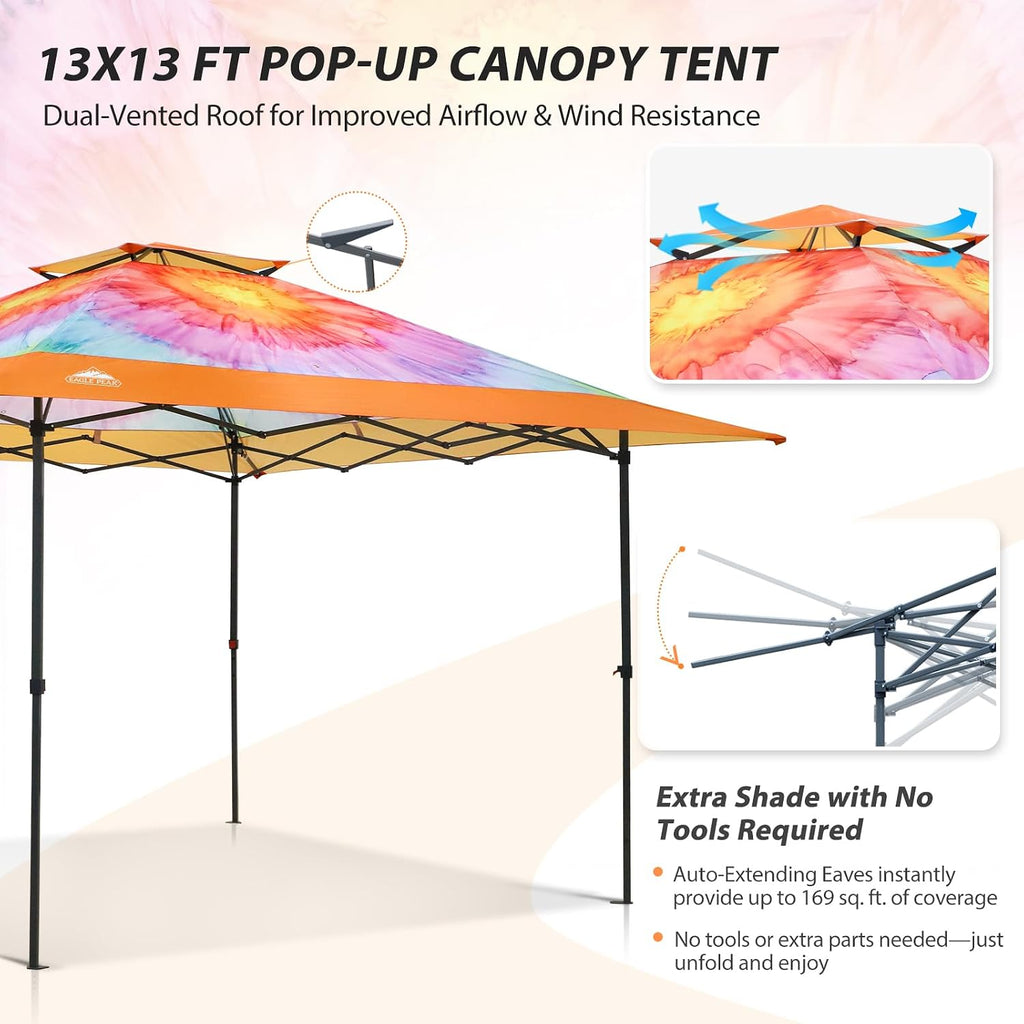 EAGLE PEAK 13x13 Straight Leg Pop Up Canopy Tent Instant Outdoor Canopy Easy Single Person Set up Folding Shelter w/Auto Extending Eaves 169 Square Feet of Shade (Floral Tie Dye)