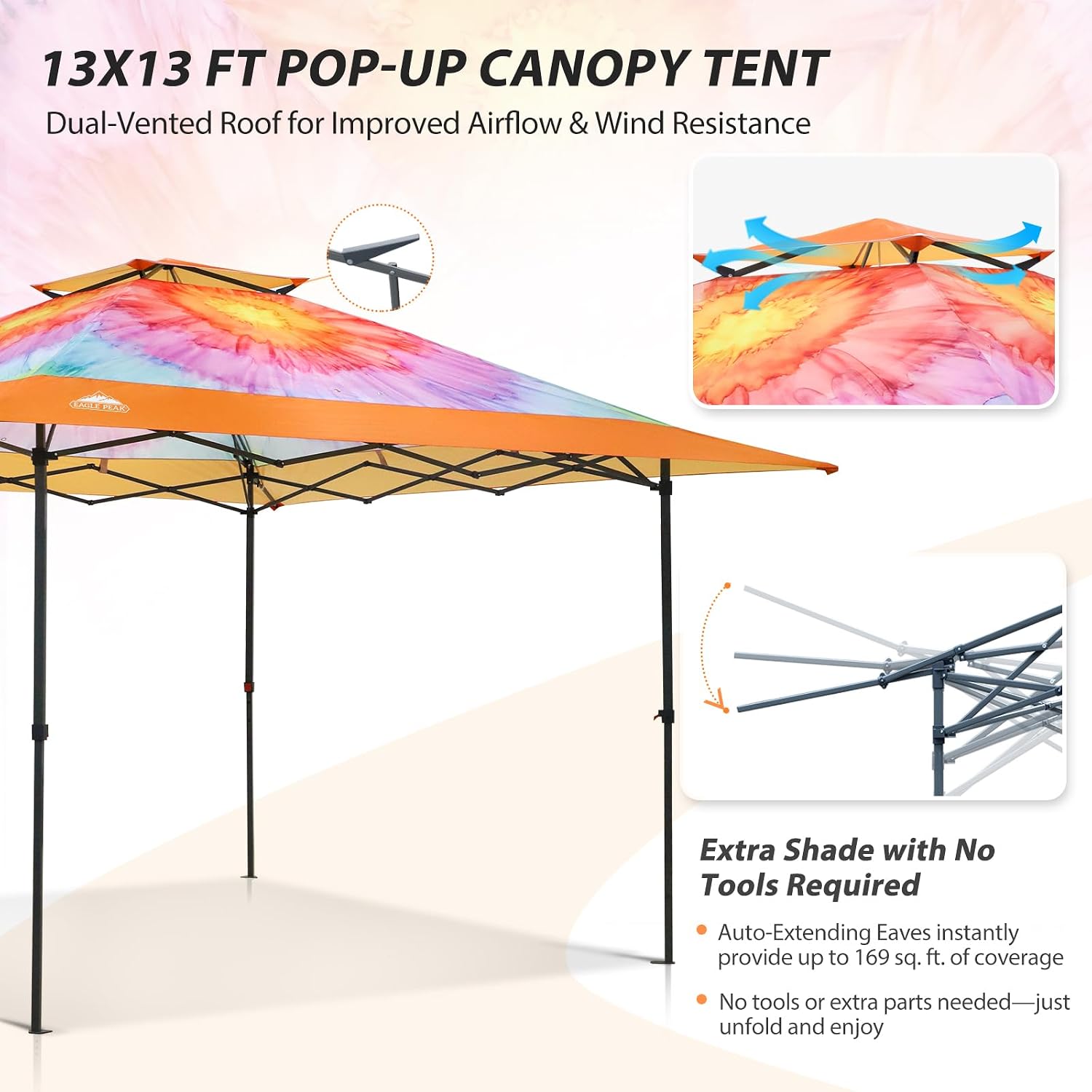 EAGLE PEAK 13x13 Straight Leg Pop Up Canopy Tent Instant Outdoor Canopy Easy Single Person Set up Folding Shelter w/Auto Extending Eaves 169 Square Feet of Shade (Floral Tie Dye)