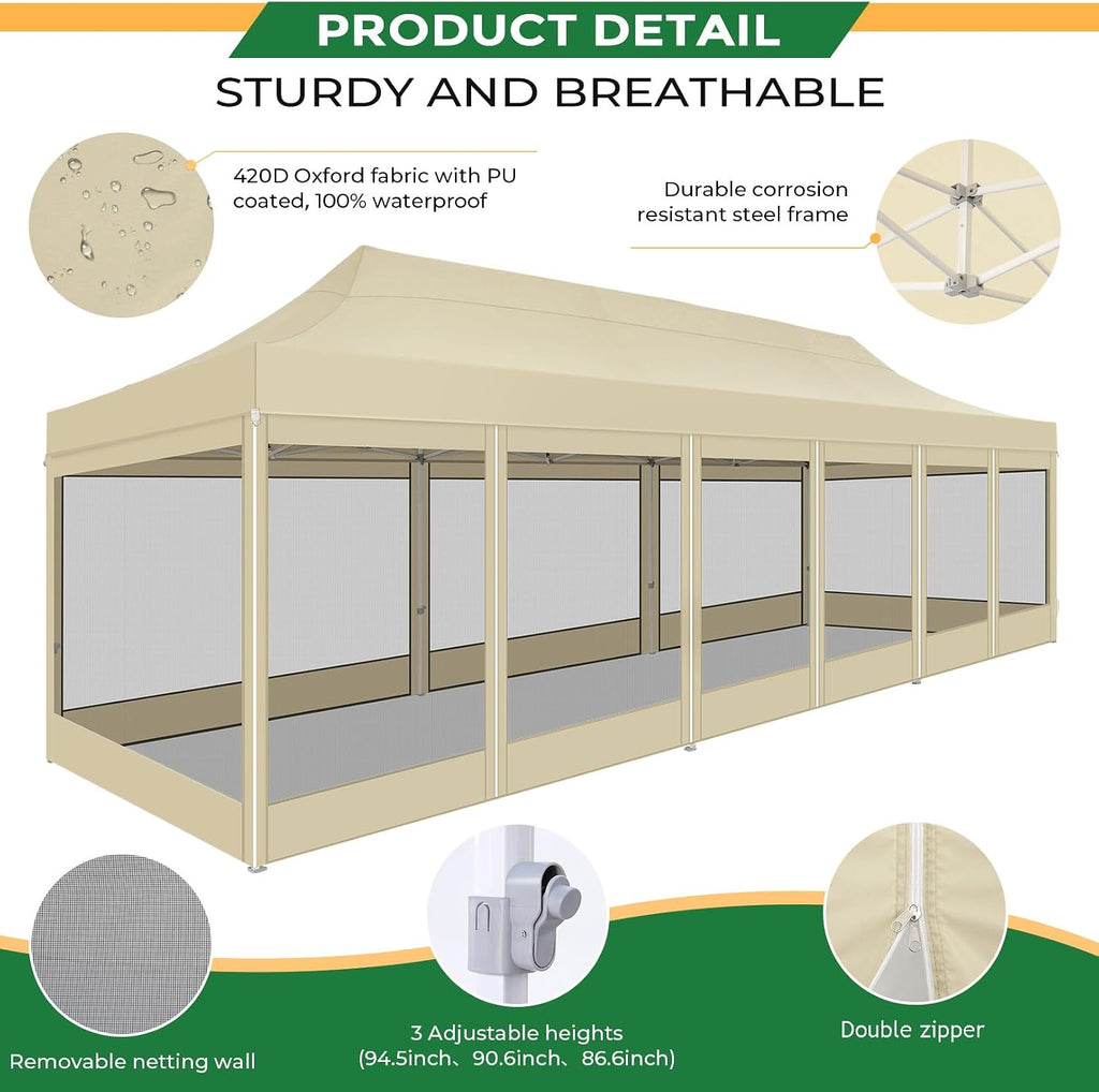 COBIZI 10x30 Heavy Duty Pop Up Canopy Tent with 8 Sidewalls, Easy Set Up Outdoor Waterproof Screen Commercial Party Tent with Mosquito Netting for Parties Backyard Patio, Roller Bag, Khaki