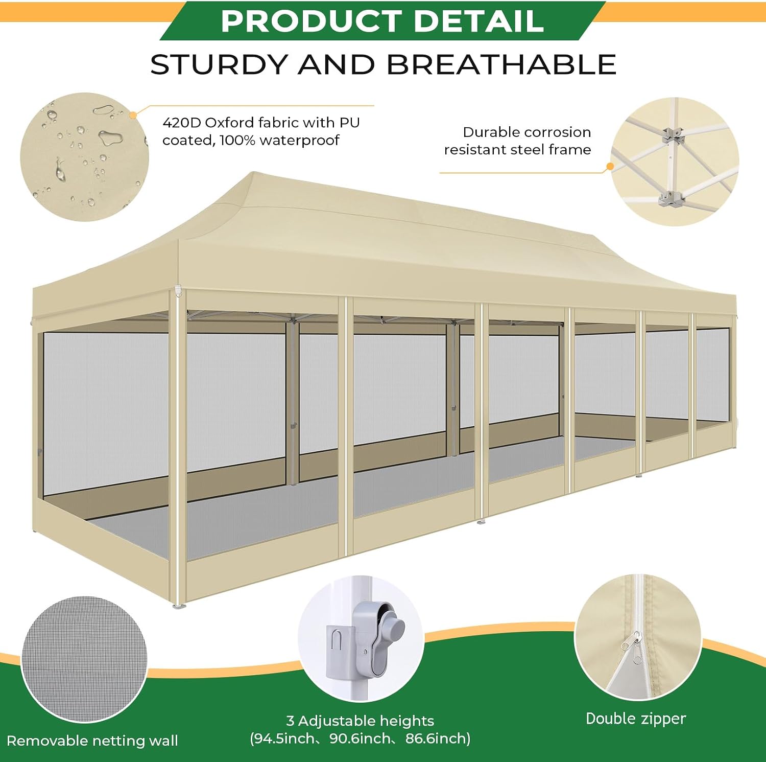COBIZI 10x30 Heavy Duty Pop Up Canopy Tent with 8 Sidewalls, Easy Set Up Outdoor Waterproof Screen Commercial Party Tent with Mosquito Netting for Parties Backyard Patio, Roller Bag, Khaki