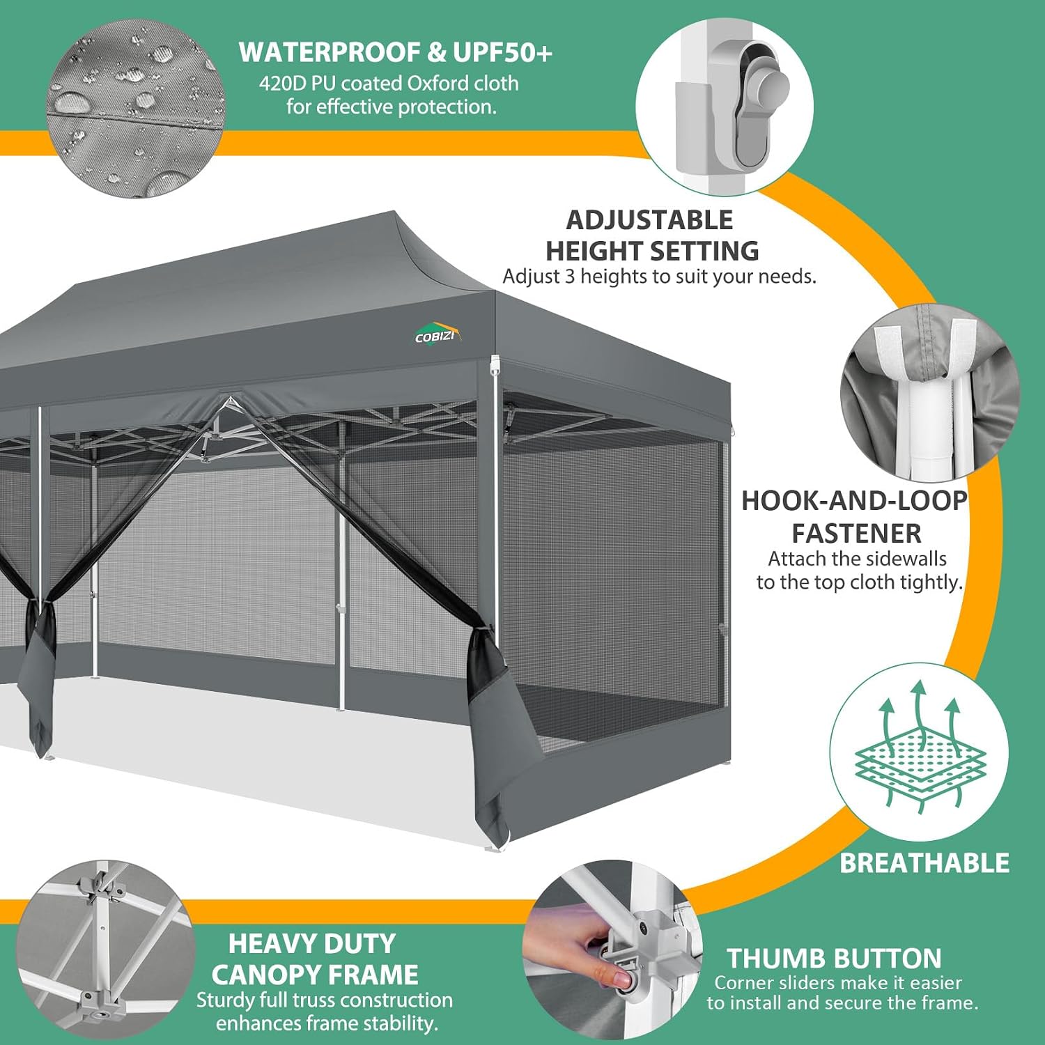 COBIZI 10x20 Canopy Tent with 6 Sidewalls,Heavy Duty Pop up Canopy with Mosquito Netting,Easy up Screen Tent for Parties Wedding Outdoor Patio with Roller Bag,Gray